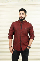 Garnet Maroon Red Linen Shirt with Black Pipping Detail on Placket & Pocket (Shirt + Black Pants)