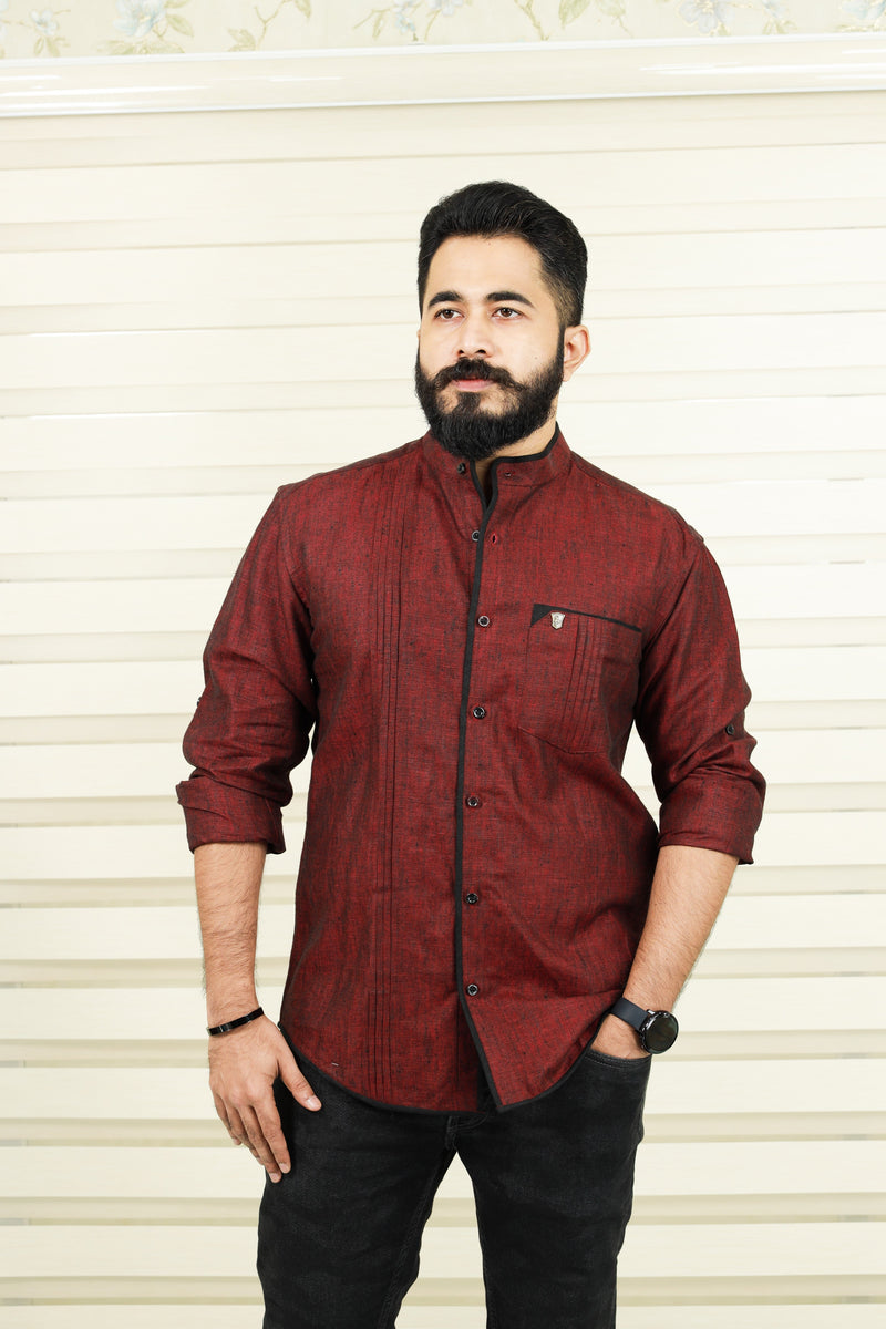 Garnet Maroon Red Linen Shirt with Black Pipping Detail on Placket & Pocket (Shirt + Black Pants)