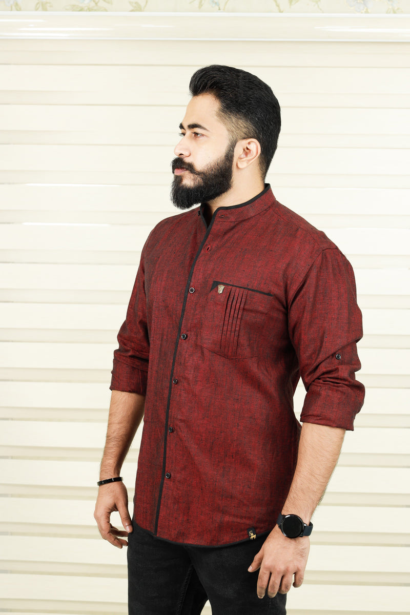 Garnet Maroon Red Linen Shirt with Black Pipping Detail on Placket & Pocket (Shirt + Black Pants)