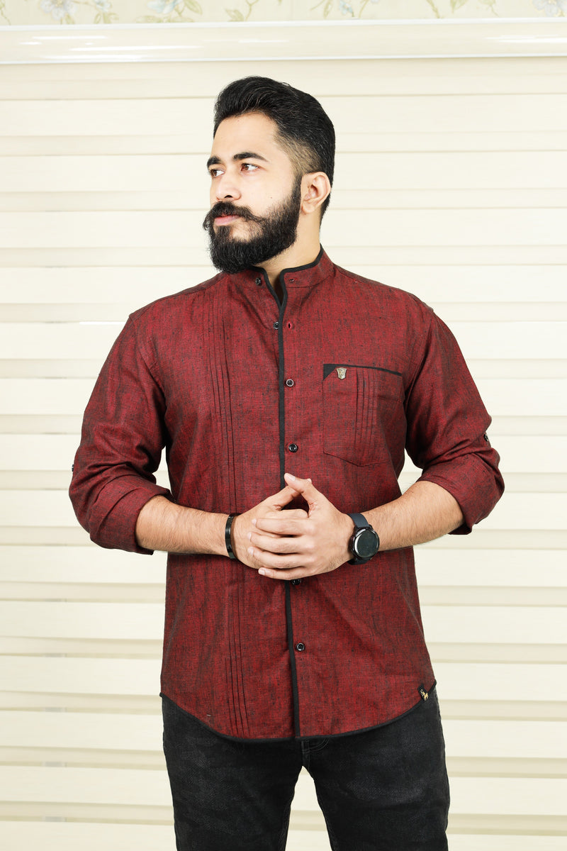 Garnet Maroon Red Linen Shirt with Black Pipping Detail on Placket & Pocket (Shirt + Black Pants)