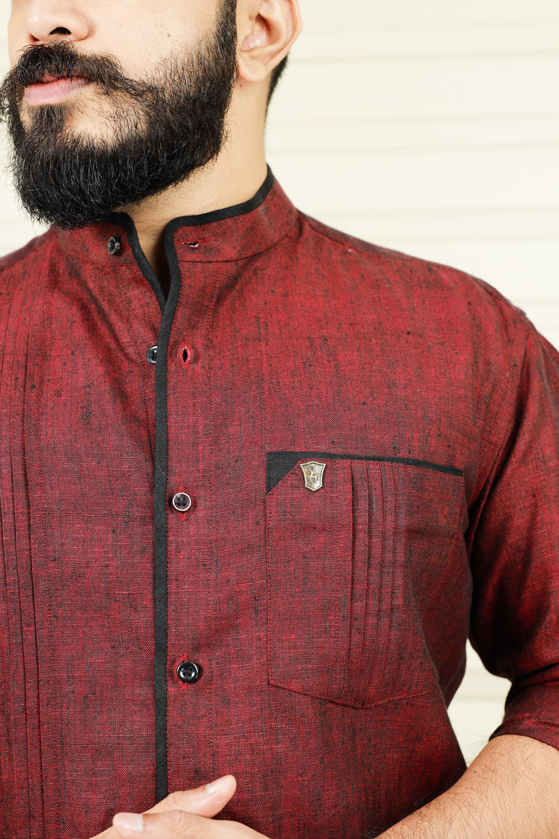 Garnet Maroon Red Linen Shirt with Black Pipping Detail on Placket & Pocket (Shirt + Black Pants)