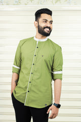 Moss Green Chinese Collar Shirt With Print Detailing on Neck, Placket & Cuff (Only Shirt)
