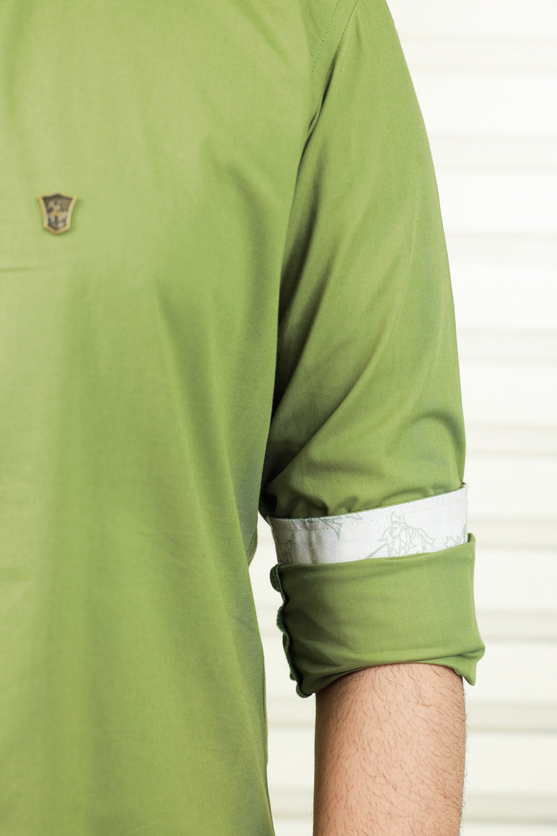 Moss Green Chinese Collar Shirt With Print Detailing on Neck, Placket & Cuff (Shirt + Black Pants)
