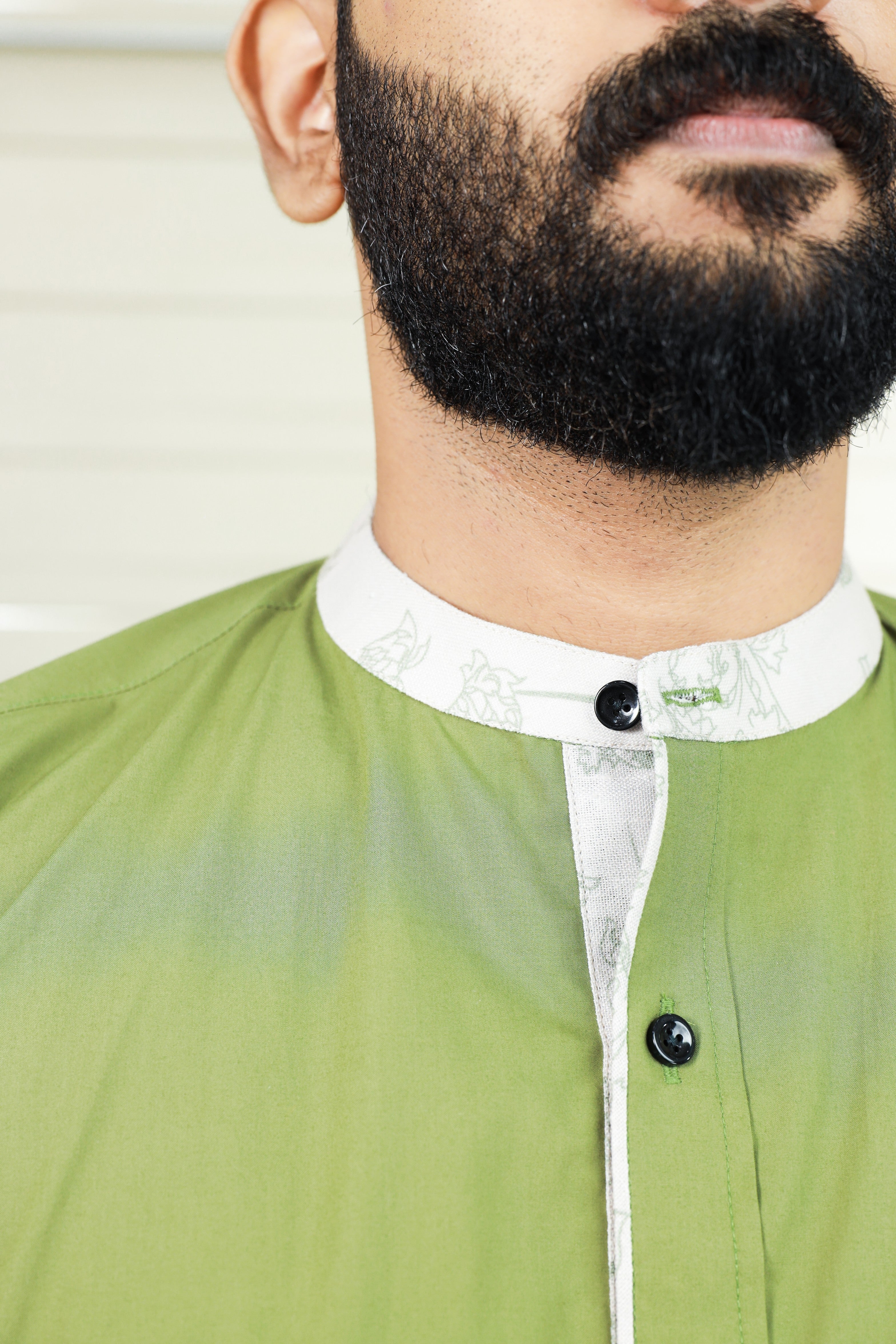 Moss Green Chinese Collar Shirt With Print Detailing on Neck, Placket & Cuff (Only Shirt)