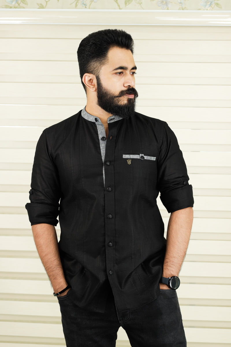 Jet Black Linen Shirt with Grey Contrast Detail on Neck, Placket & Pocket (Shirt + Black Pants)