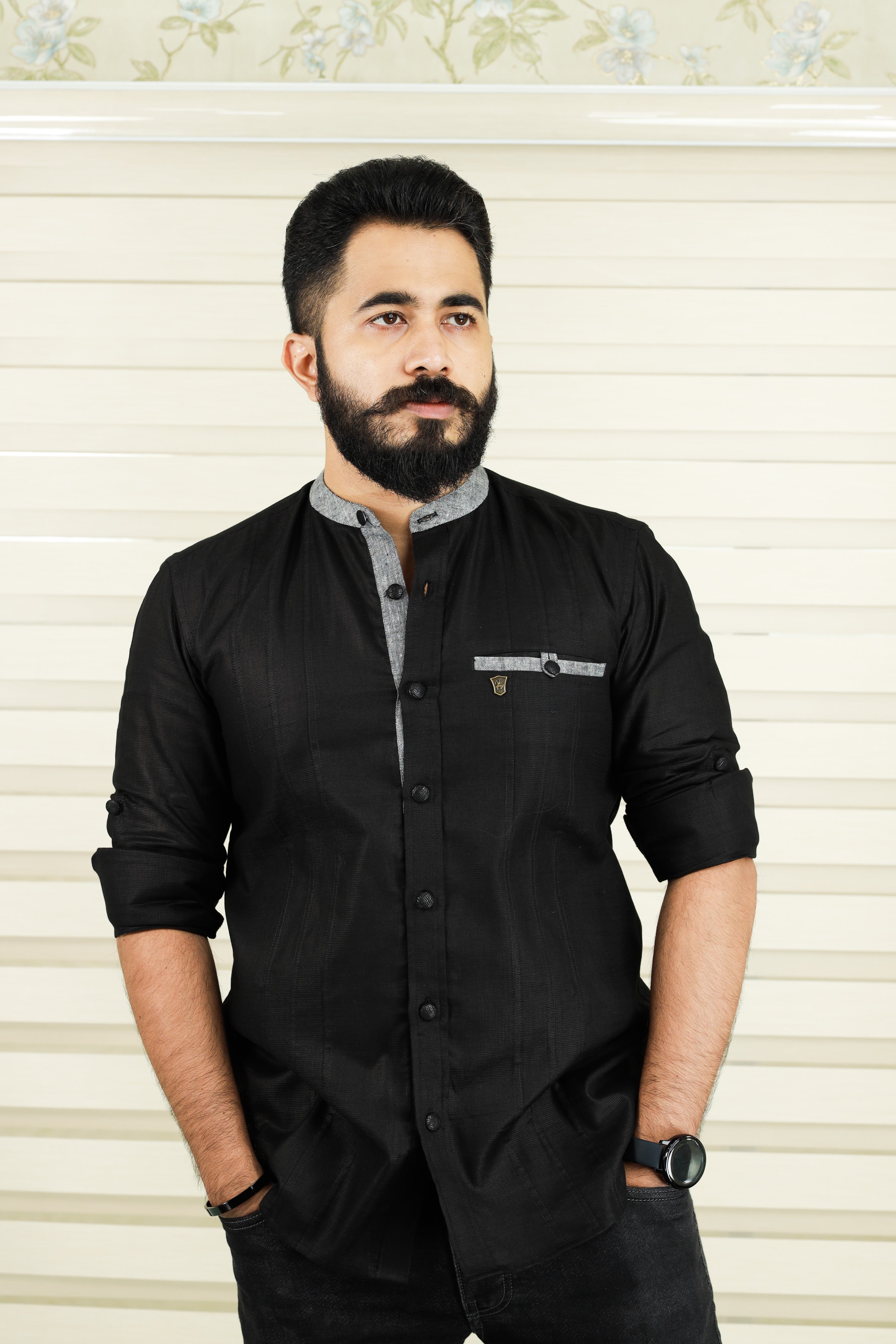 Jet Black Linen Shirt with Grey Contrast Detail on Neck, Placket & Pocket (Only Shirt)