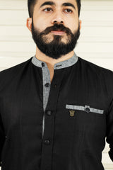 Jet Black Linen Shirt with Grey Contrast Detail on Neck, Placket & Pocket (Only Shirt)