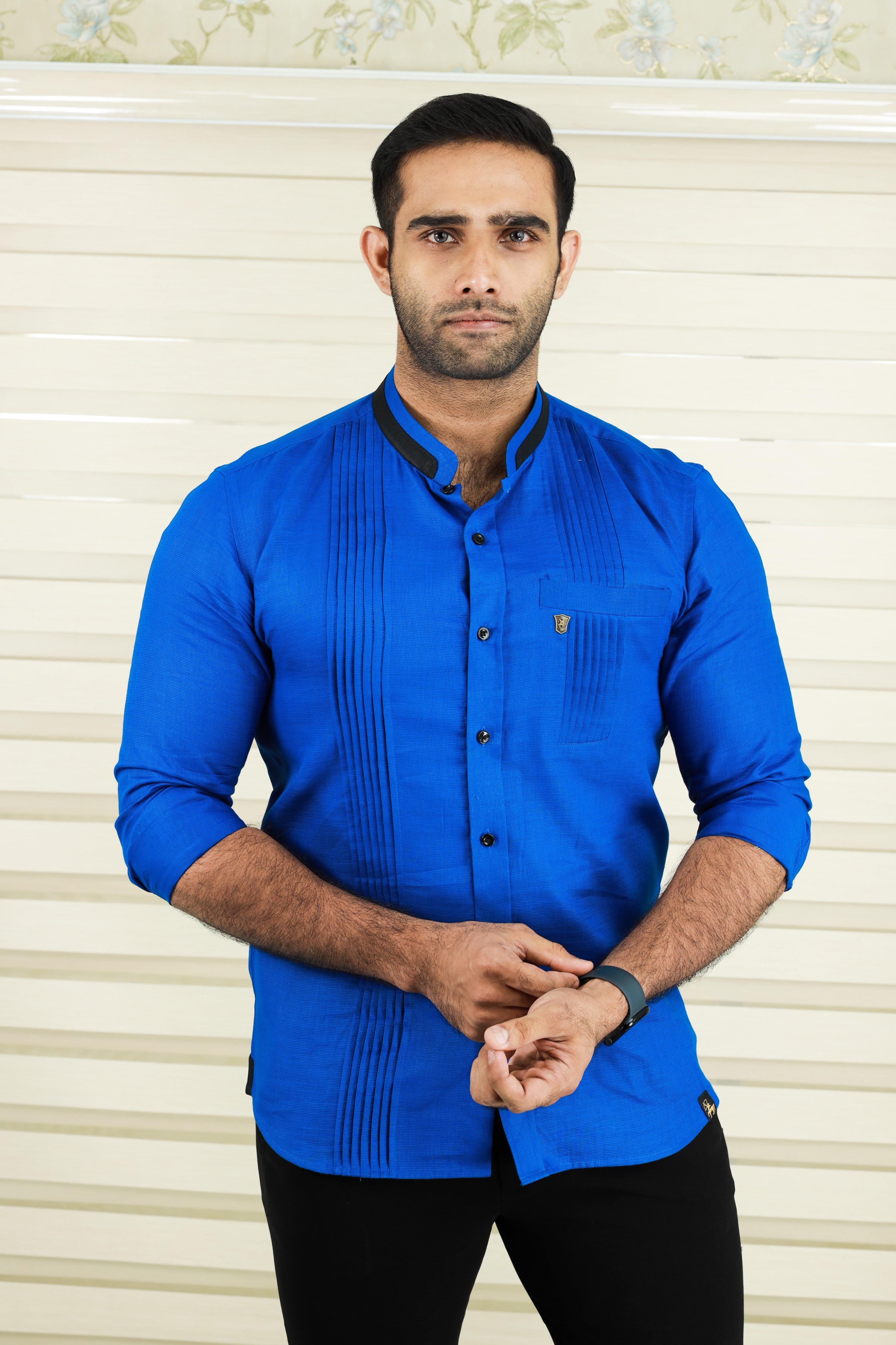 Cobalt Blue Shirt with Vertical Pleat Detail
