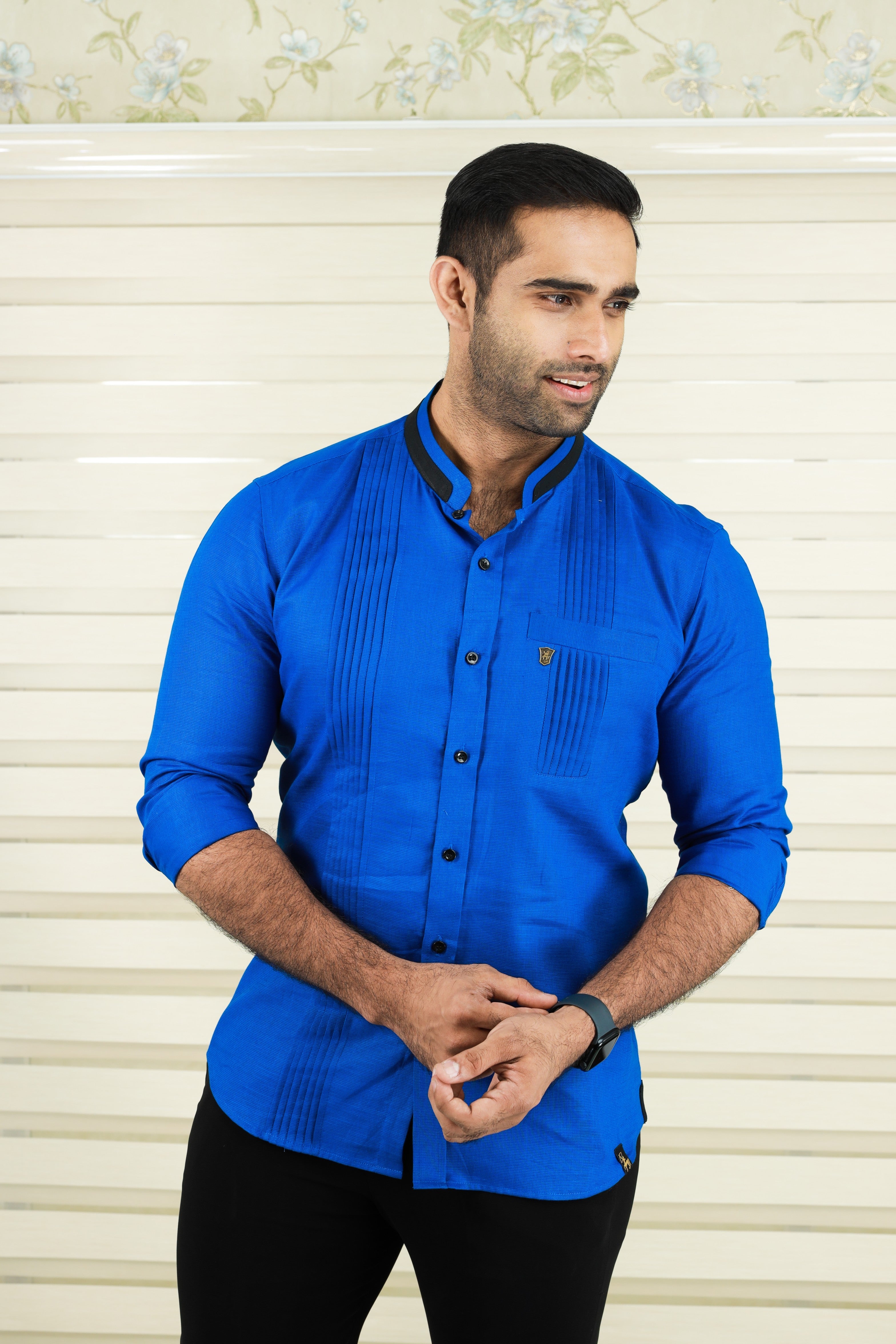 Cobalt Blue Shirt with Vertical Pleat Detail (Shirt + Black Pants)