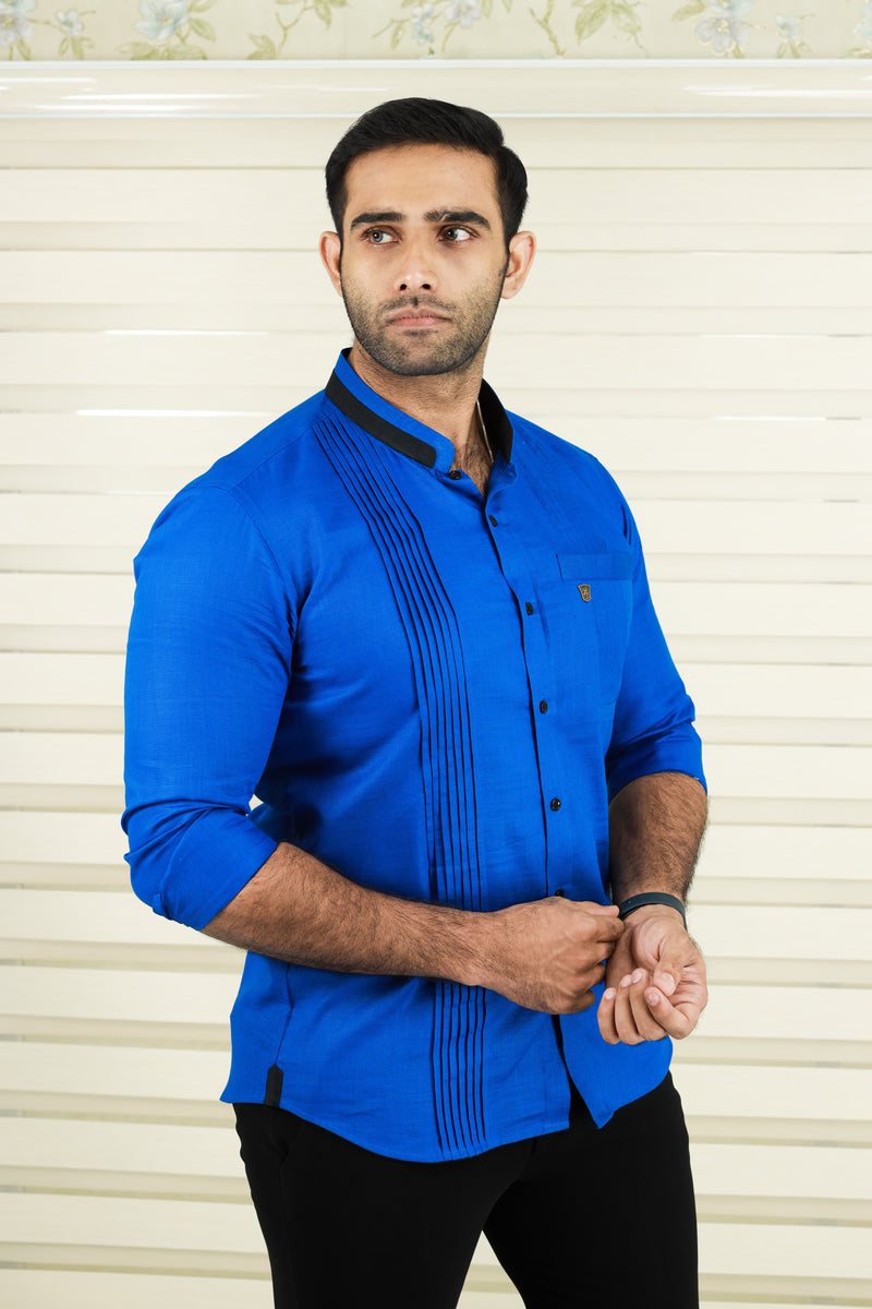 Cobalt Blue Shirt with Vertical Pleat Detail