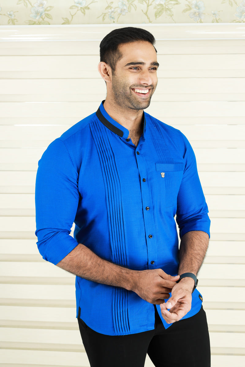 Cobalt Blue Shirt with Vertical Pleat Detail (Shirt + Black Pants)