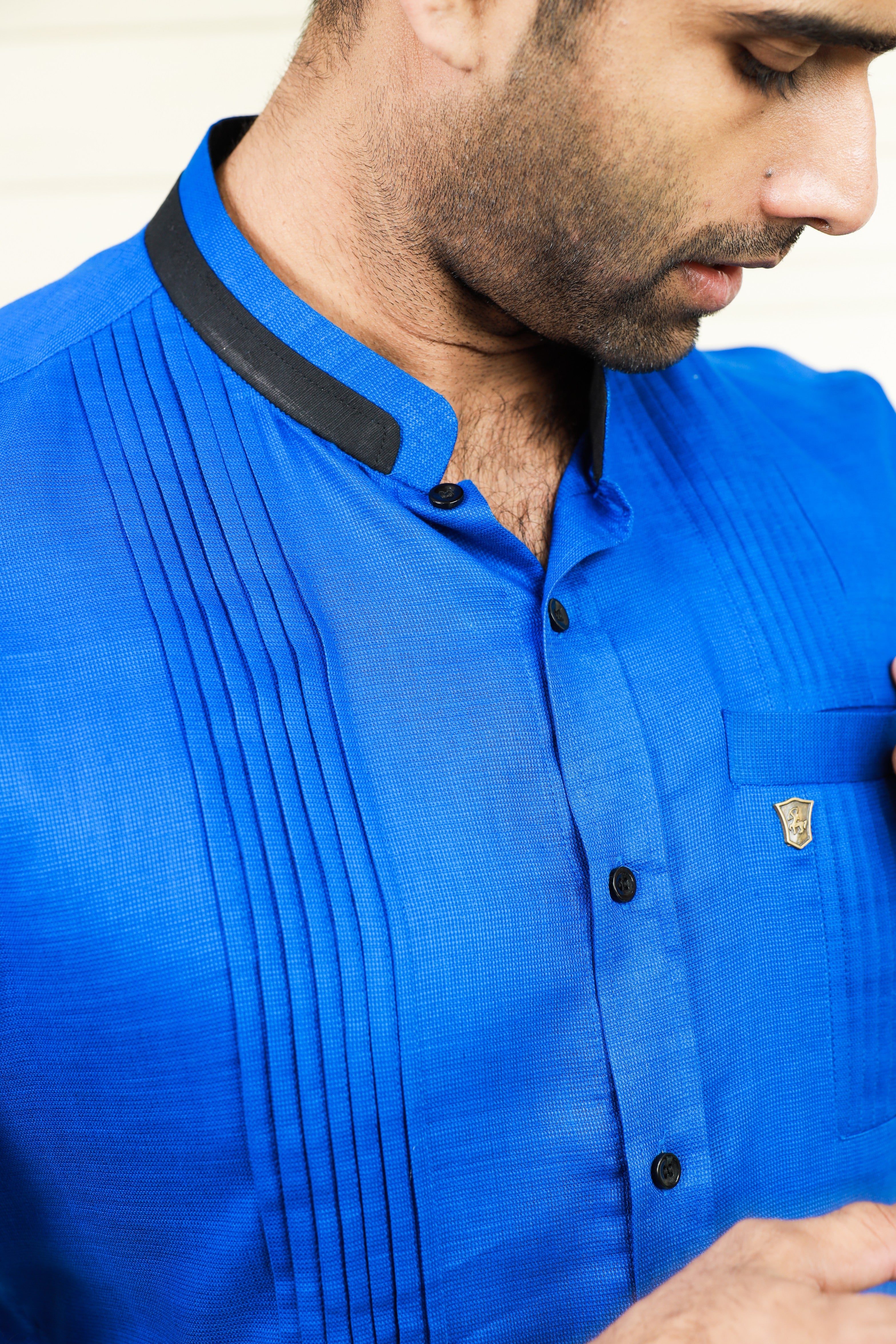 Cobalt Blue Shirt with Vertical Pleat Detail