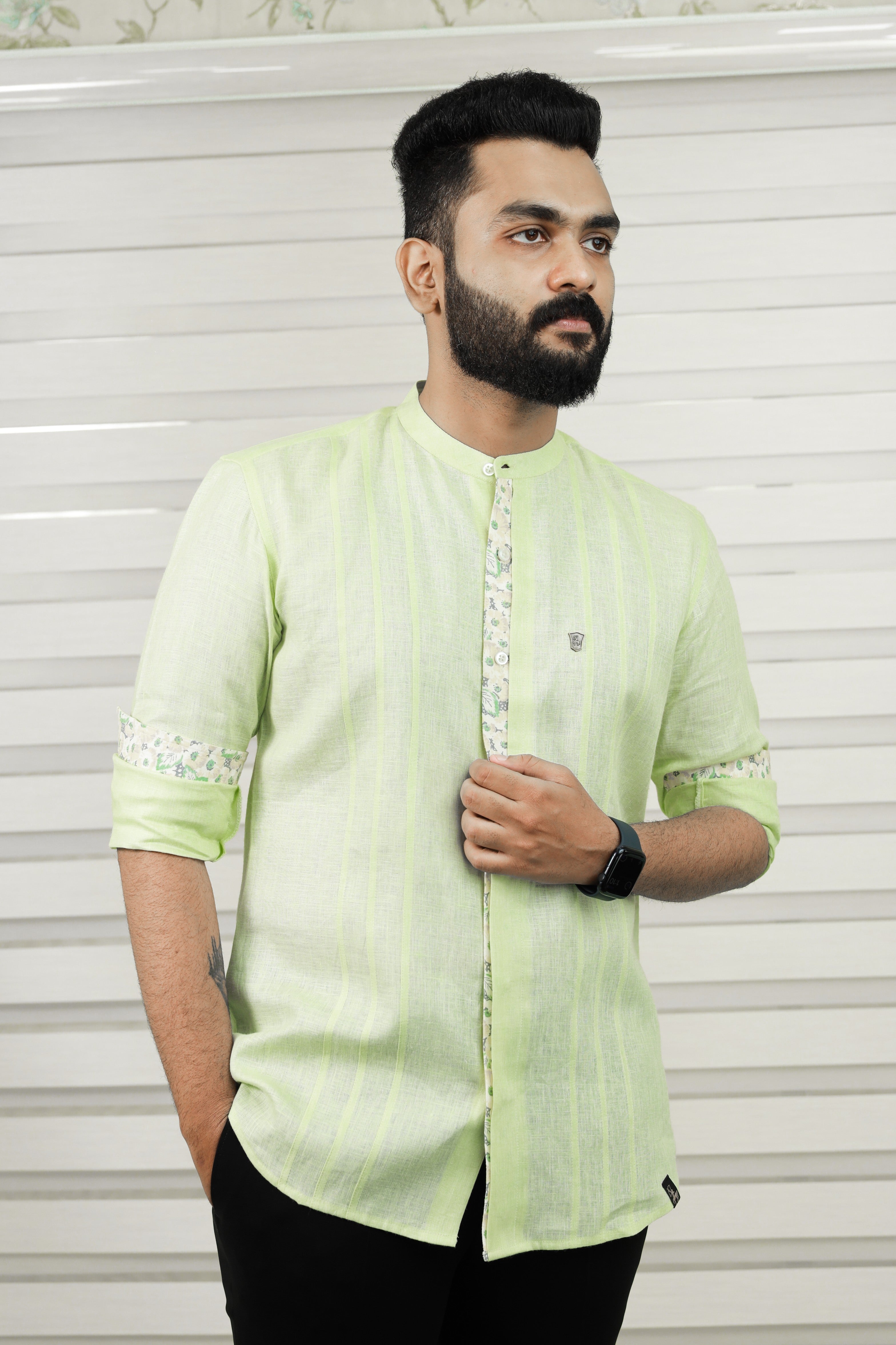 Sage Green Chinese Collar Shirt with Print Detailing on Placket & Cuff (Only Shirt)