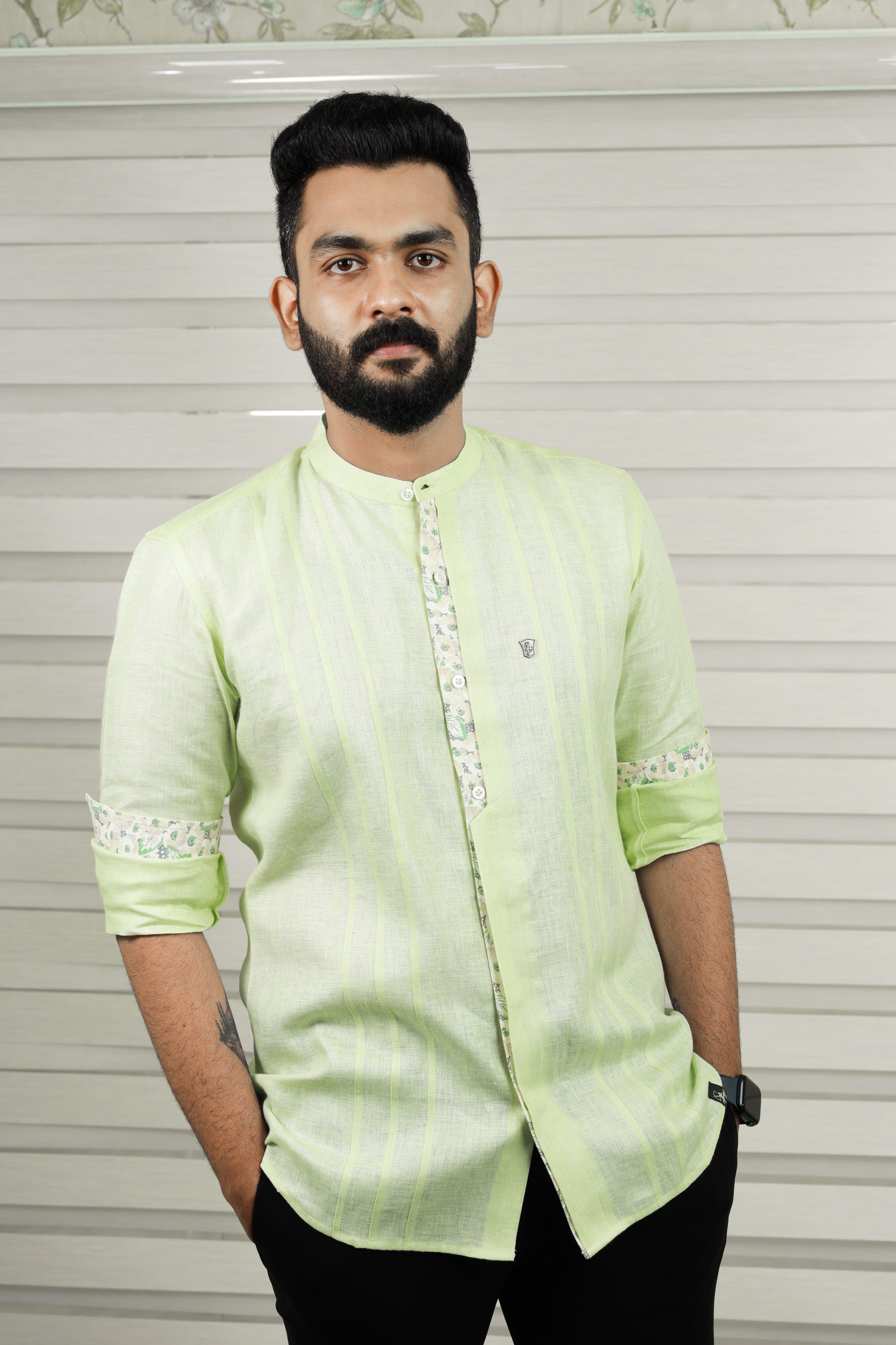 Sage Green Chinese Collar Shirt with Print Detailing on Placket & Cuff (Only Shirt)
