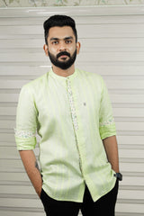 Sage Green Chinese Collar Shirt with Print Detailing on Placket & Cuff (Shirt + Black Pants)