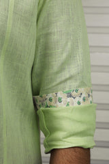 Sage Green Chinese Collar Shirt with Print Detailing on Placket & Cuff (Shirt + Black Pants)