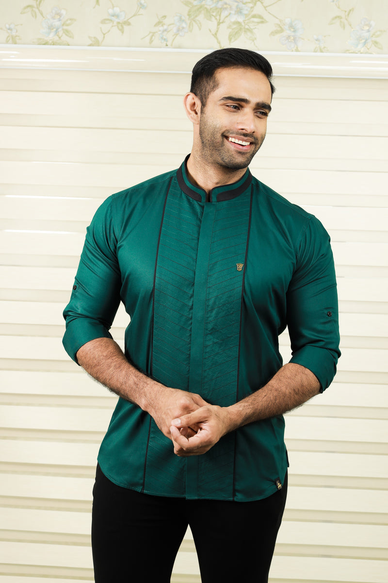 Castleton Green Shirt with Diagonal Tucks With Black Contrast Stitch Detailing (Only Shirt)