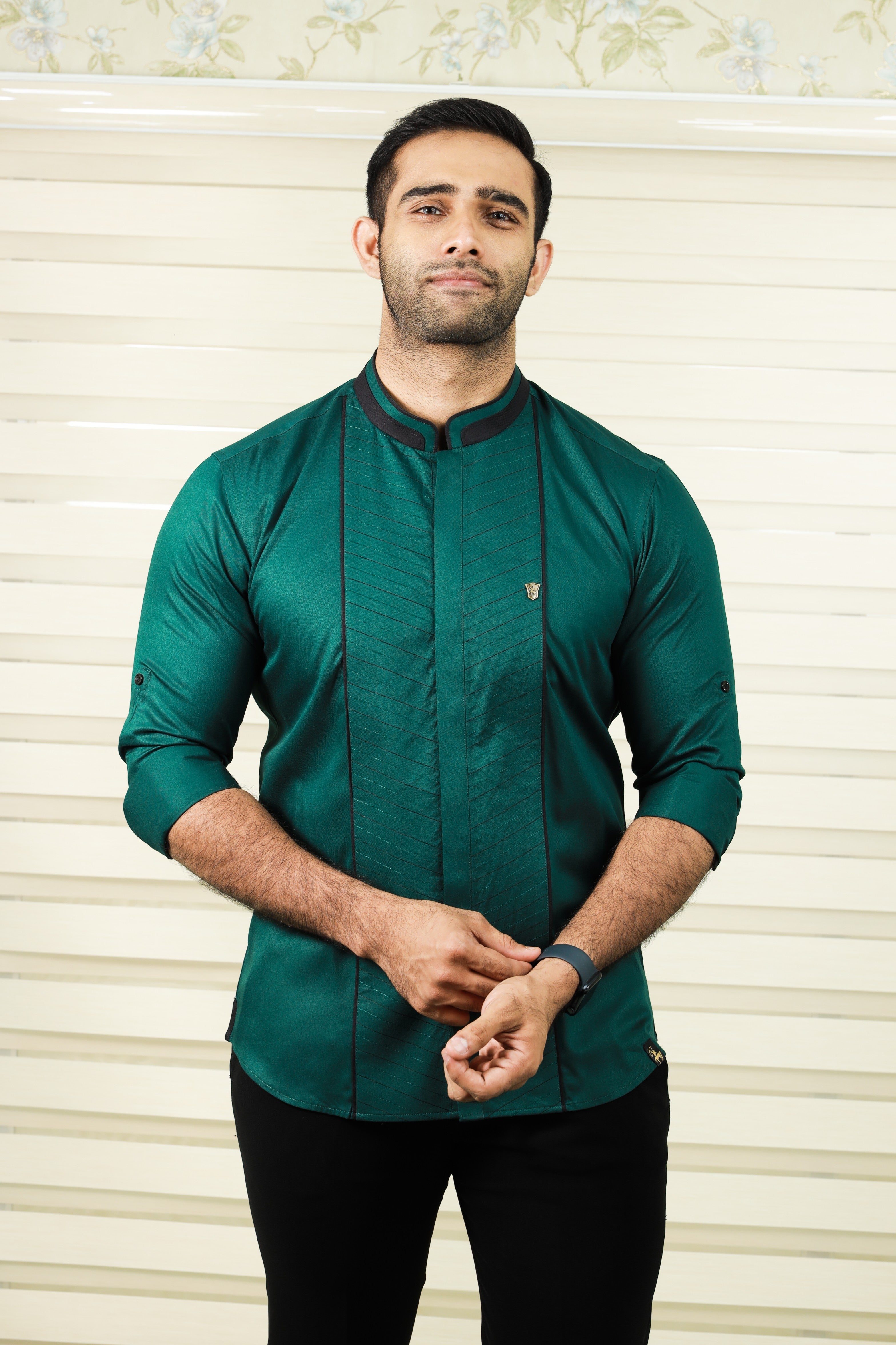 Castleton Green Shirt with Diagonal Tucks With Black Contrast Stitch Detailing (Shirt + Black Pants)
