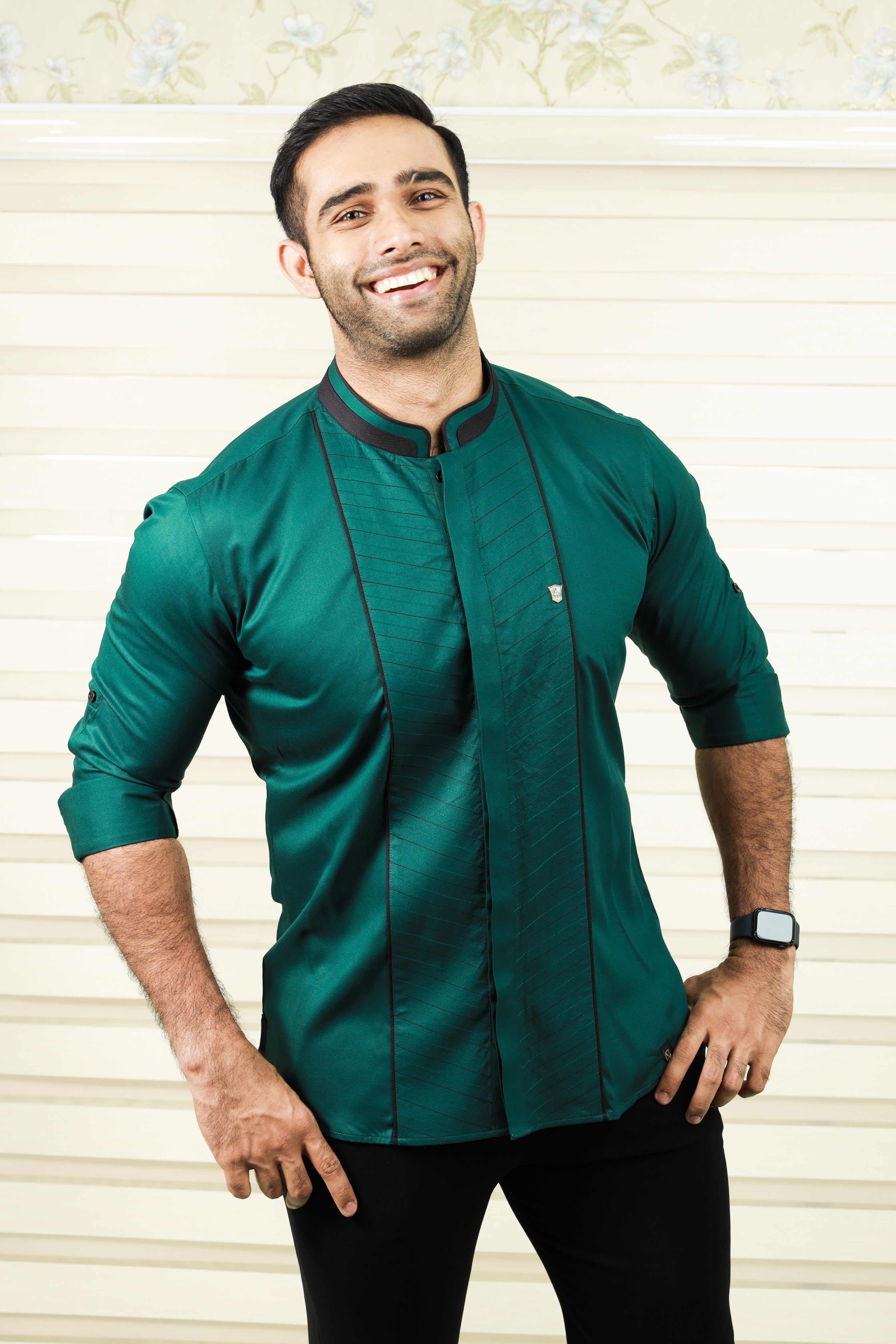 Castleton Green Shirt with Diagonal Tucks With Black Contrast Stitch Detailing (Only Shirt)