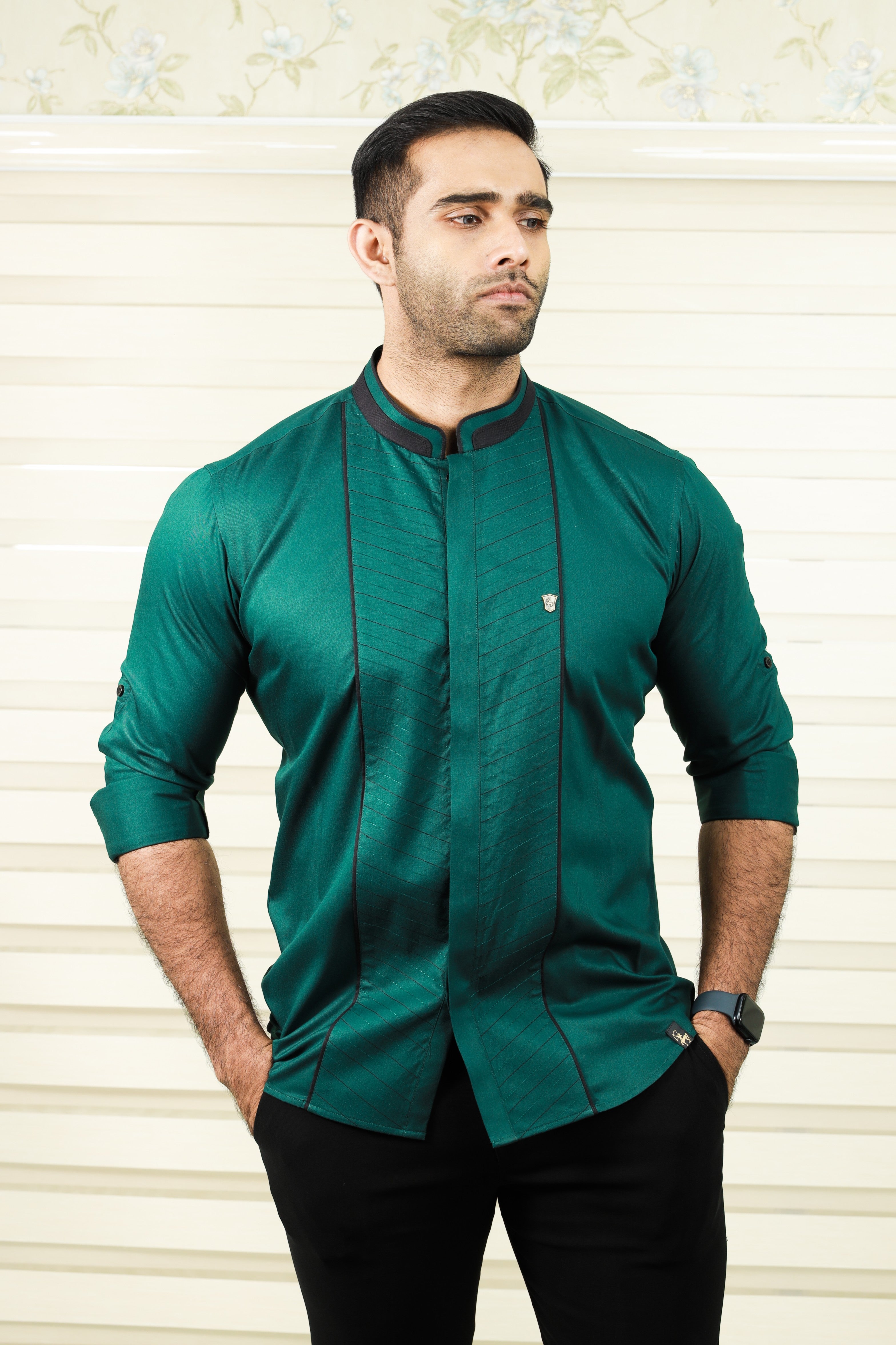 Castleton Green Shirt with Diagonal Tucks With Black Contrast Stitch D ...