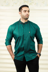 Castleton Green Shirt with Diagonal Tucks With Black Contrast Stitch Detailing (Shirt + Black Pants)