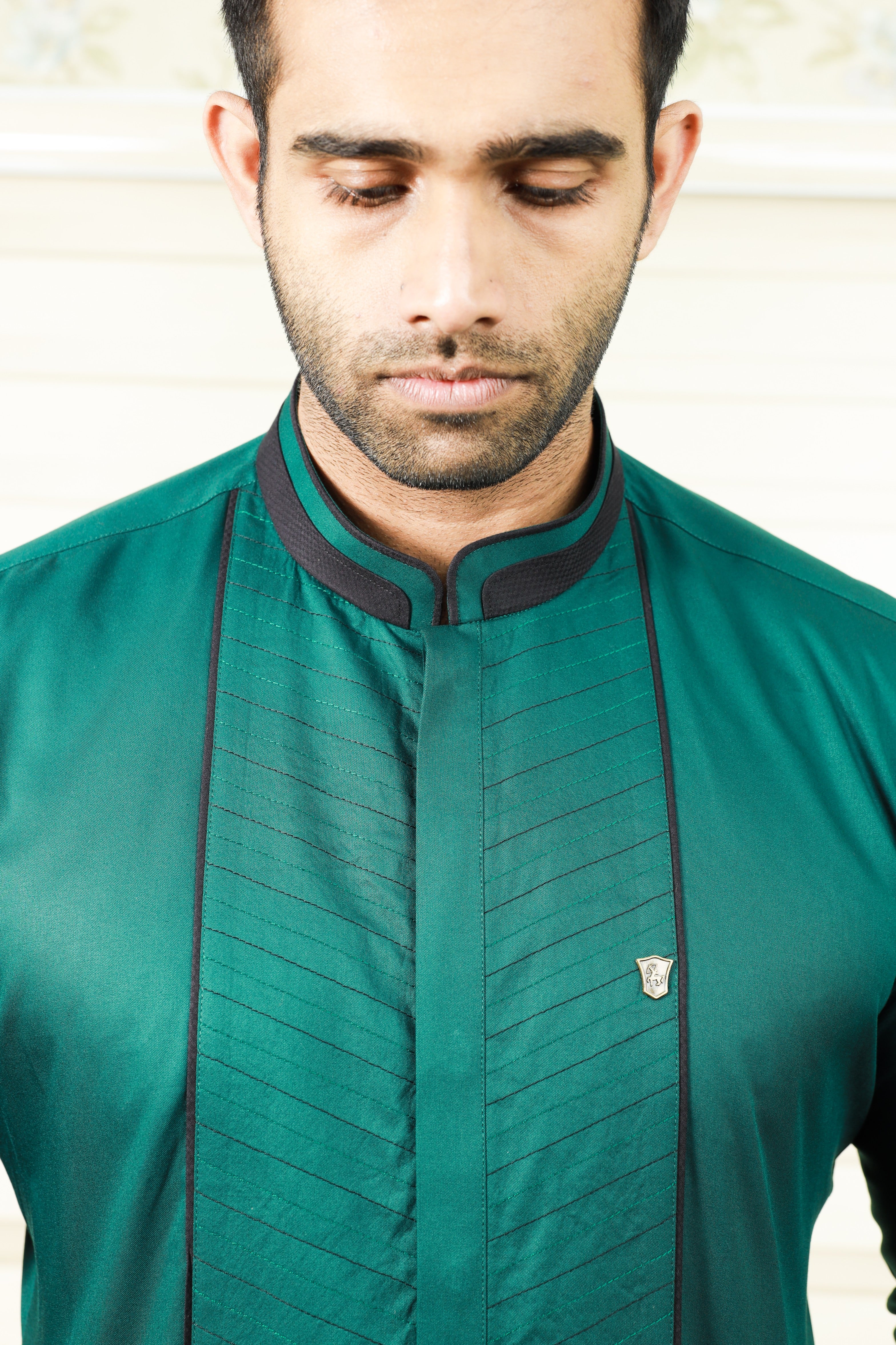 Castleton Green Shirt with Diagonal Tucks With Black Contrast Stitch Detailing (Only Shirt)