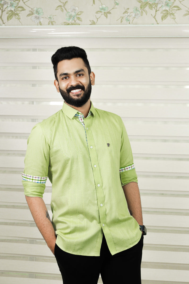 Pista Green Cutaway Collar Shirt With Check Detailing on Placket & Cuff (Shirt + Black Pants)