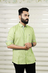 Pista Green Cutaway Collar Shirt With Check Detailing on Placket & Cuff (Only Shirt)