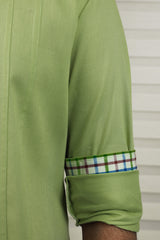 Pista Green Cutaway Collar Shirt With Check Detailing on Placket & Cuff (Shirt + Black Pants)