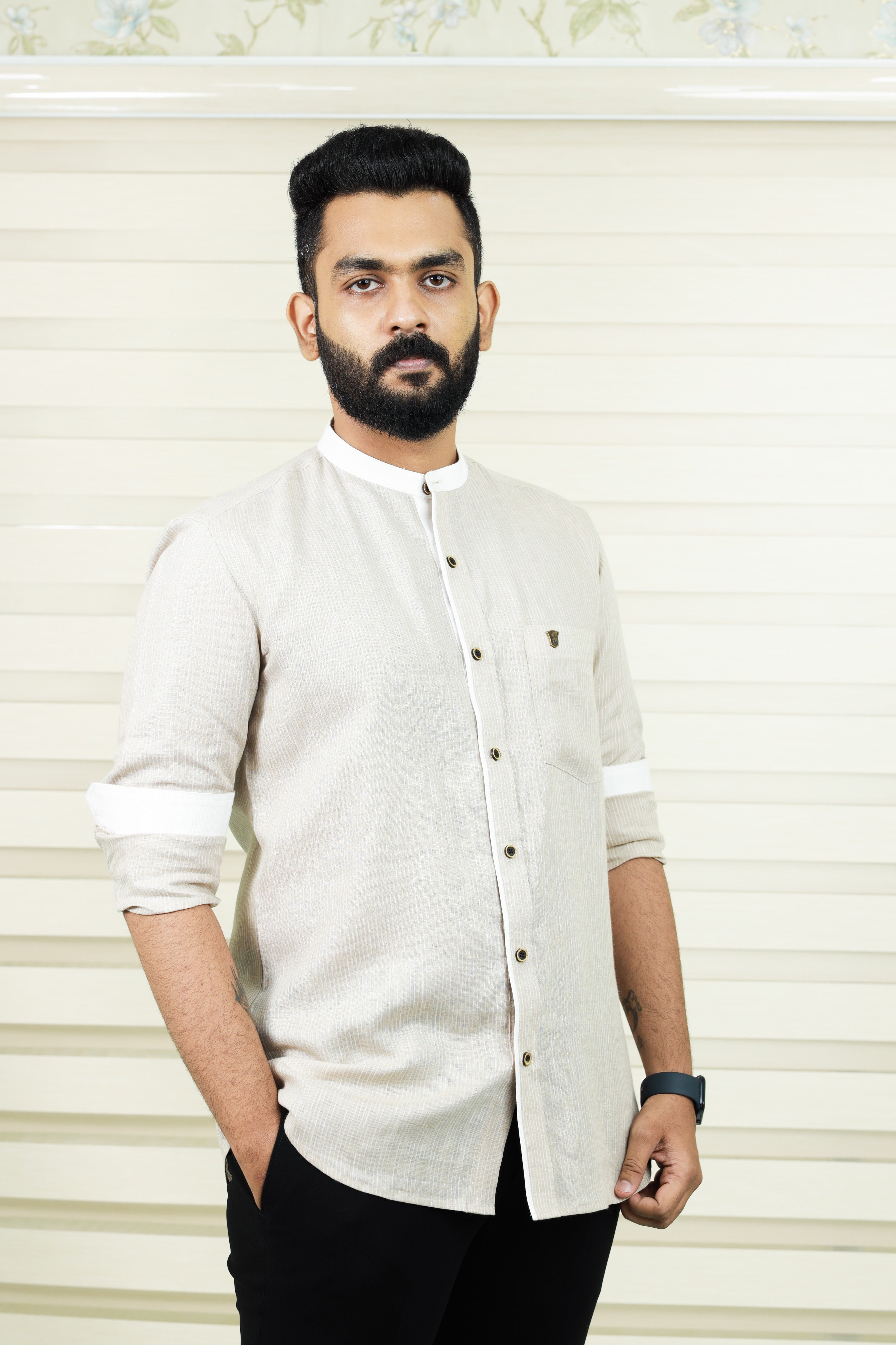 Stone Biege Chinese Collar Shirt  White Contrast Detailing on Neck, Placket & Cuff (Only Shirt)