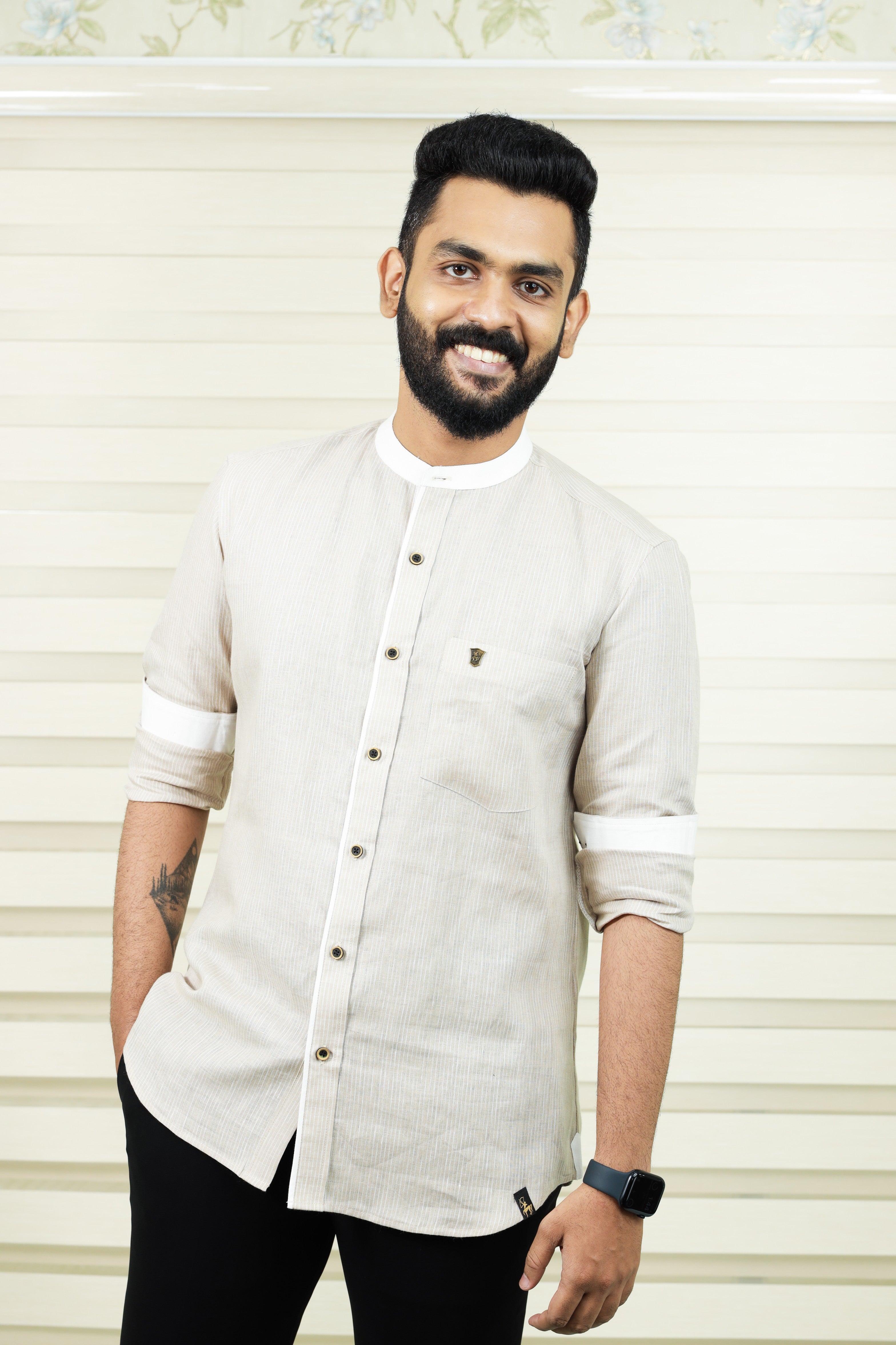 Stone Biege Chinese Collar Shirt  White Contrast Detailing on Neck, Placket & Cuff (Only Shirt)
