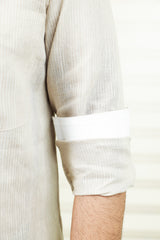Stone Biege Chinese Collar Shirt  White Contrast Detailing on Neck, Placket & Cuff (Only Shirt)