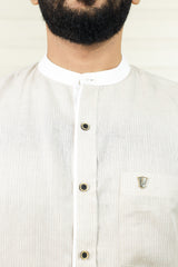 Stone Biege Chinese Collar Shirt  White Contrast Detailing on Neck, Placket & Cuff (Shirt + Black Pants)