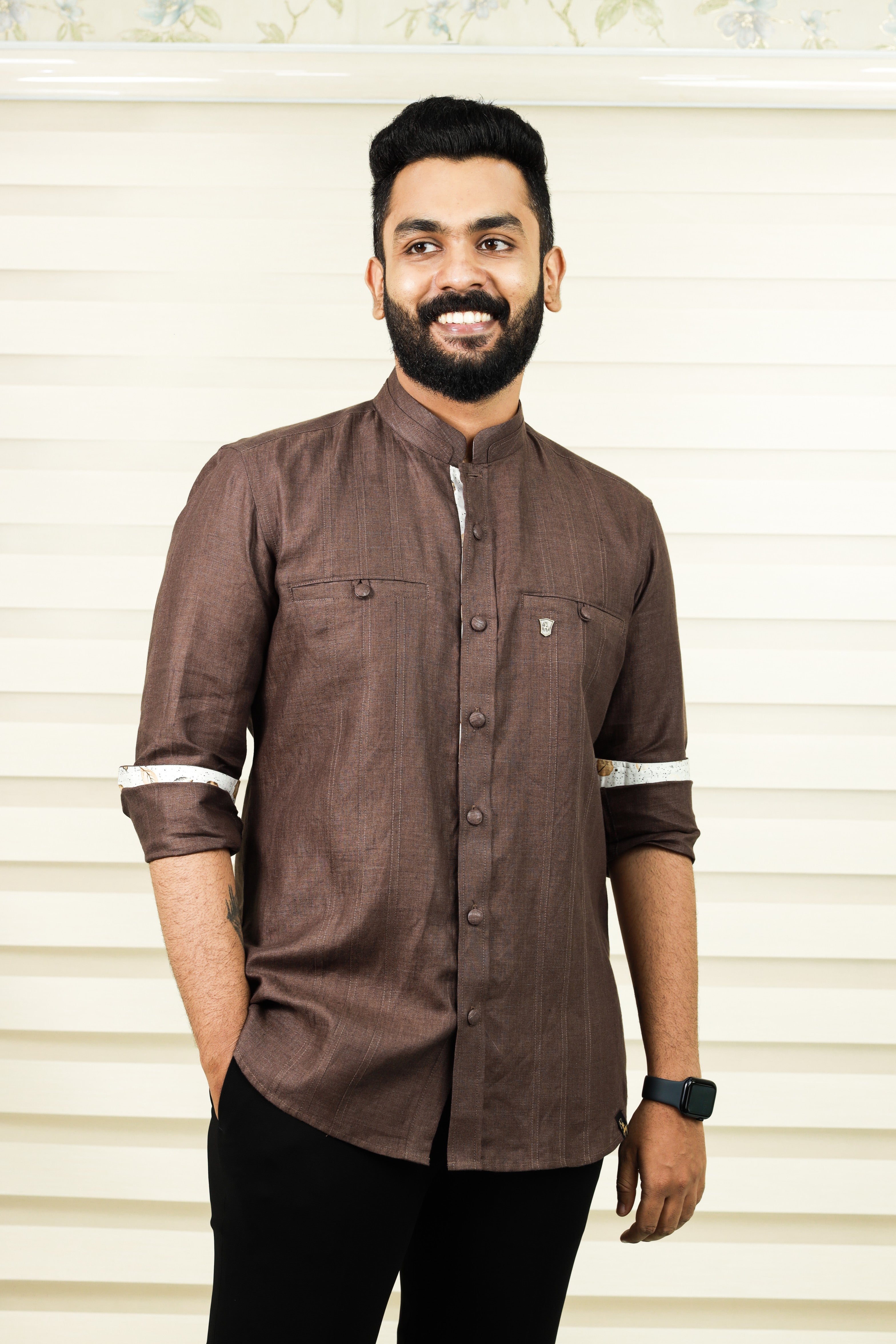 Coffee Brown Chinese Collar Linen Shirt with Print Detailing on Placket & Cuff