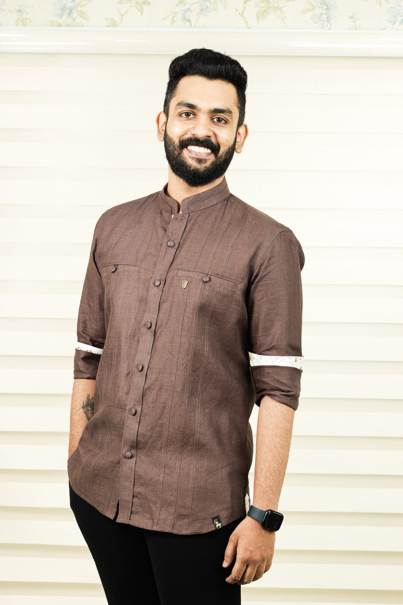 Coffee Brown Chinese Collar Kinen Shirt with Print Detailing on Placket & Cuff (Only Shirt)