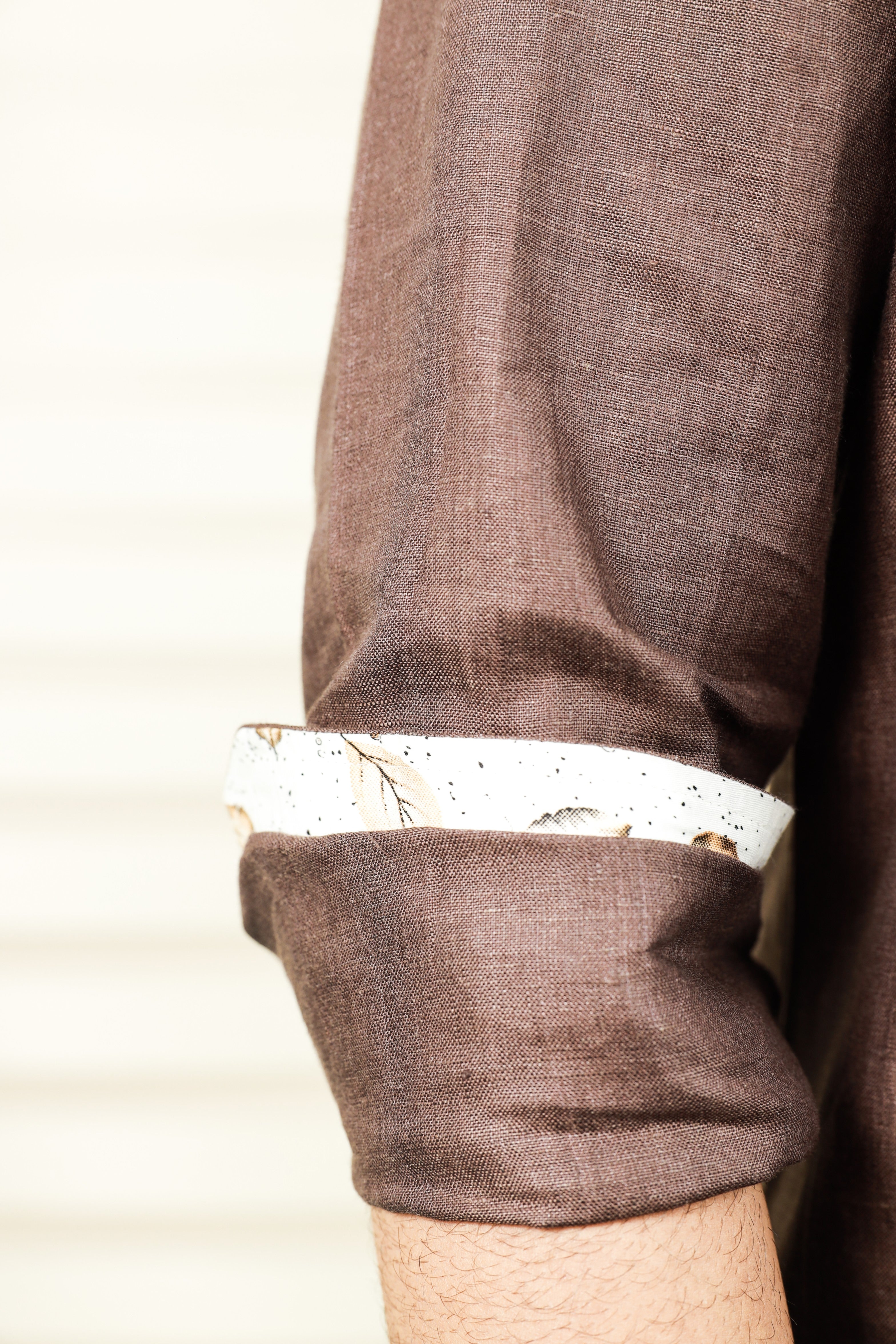 Coffee Brown Chinese Collar Kinen Shirt with Print Detailing on Placket & Cuff (Only Shirt)