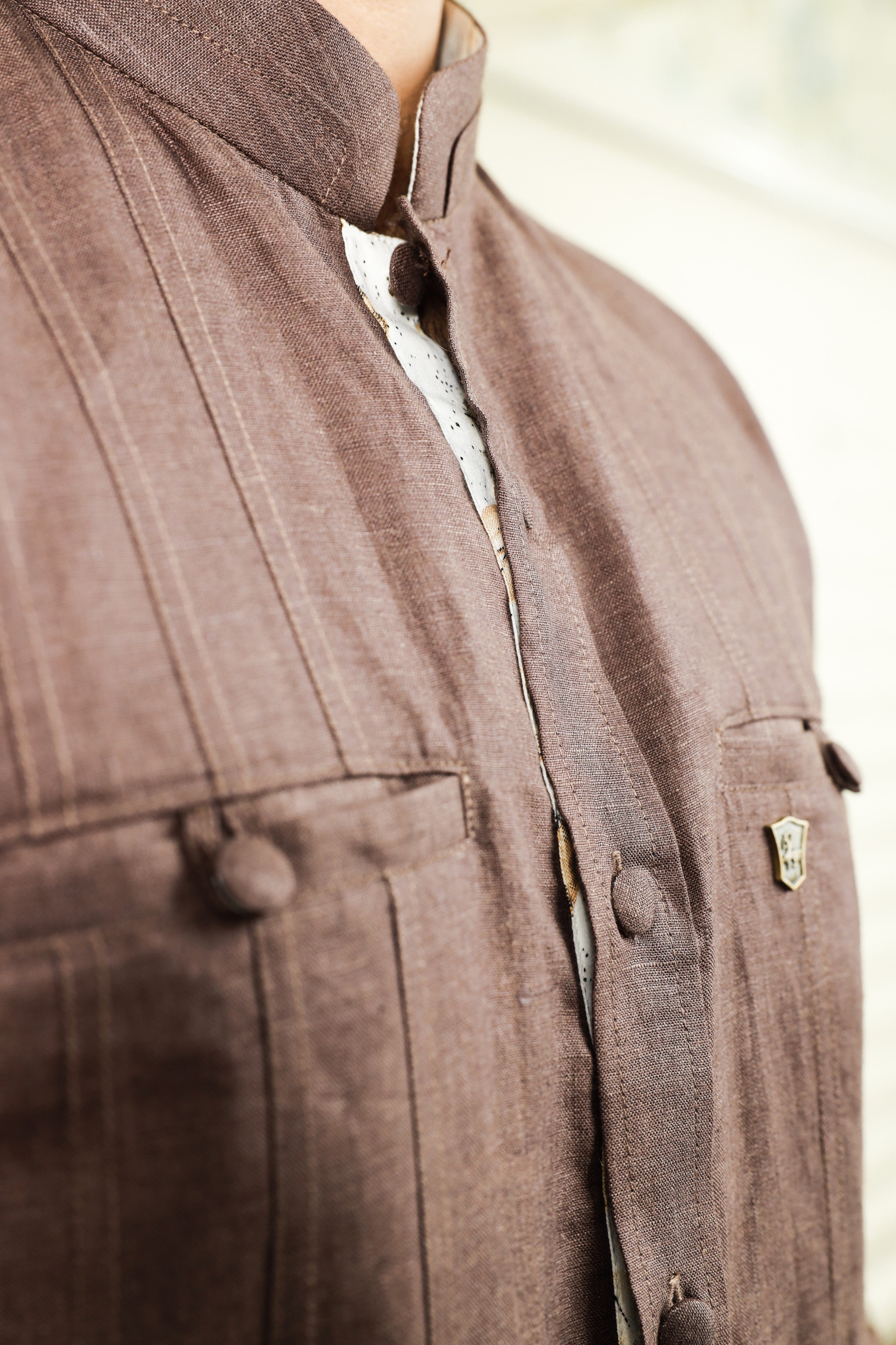 Coffee Brown Chinese Collar Kinen Shirt with Print Detailing on Placket & Cuff (Only Shirt)