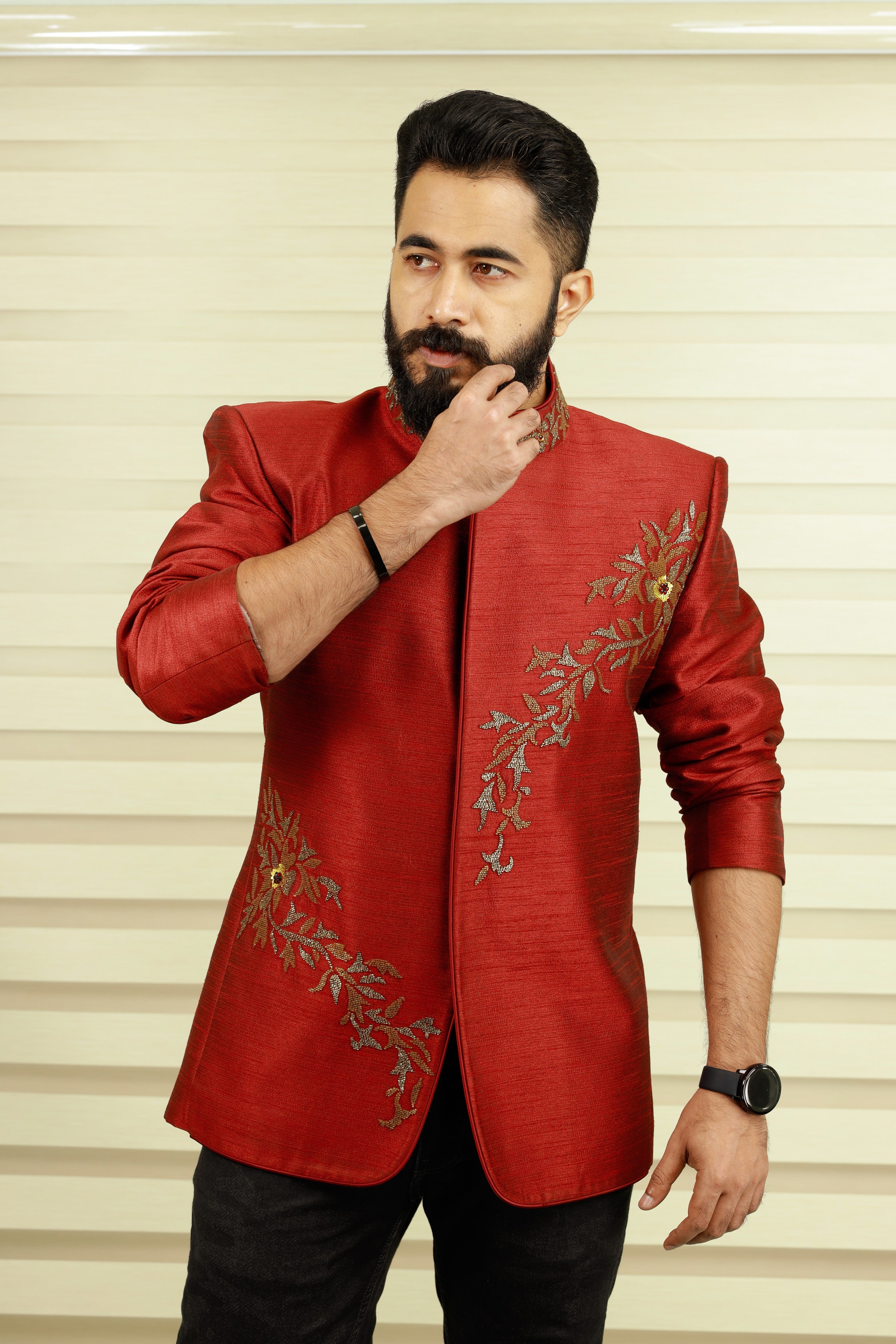 Maroon Red Indo Western Bandhgala Suit with Golden Handwork Detailing  paired Black Narrow Pants