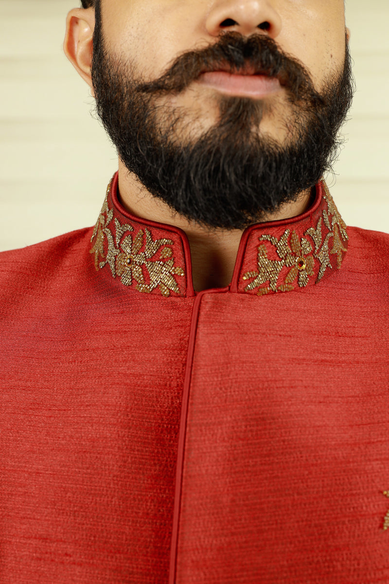 Maroon Red Indo Western Bandhgala Suit with Golden Handwork Detailing  paired Black Narrow Pants