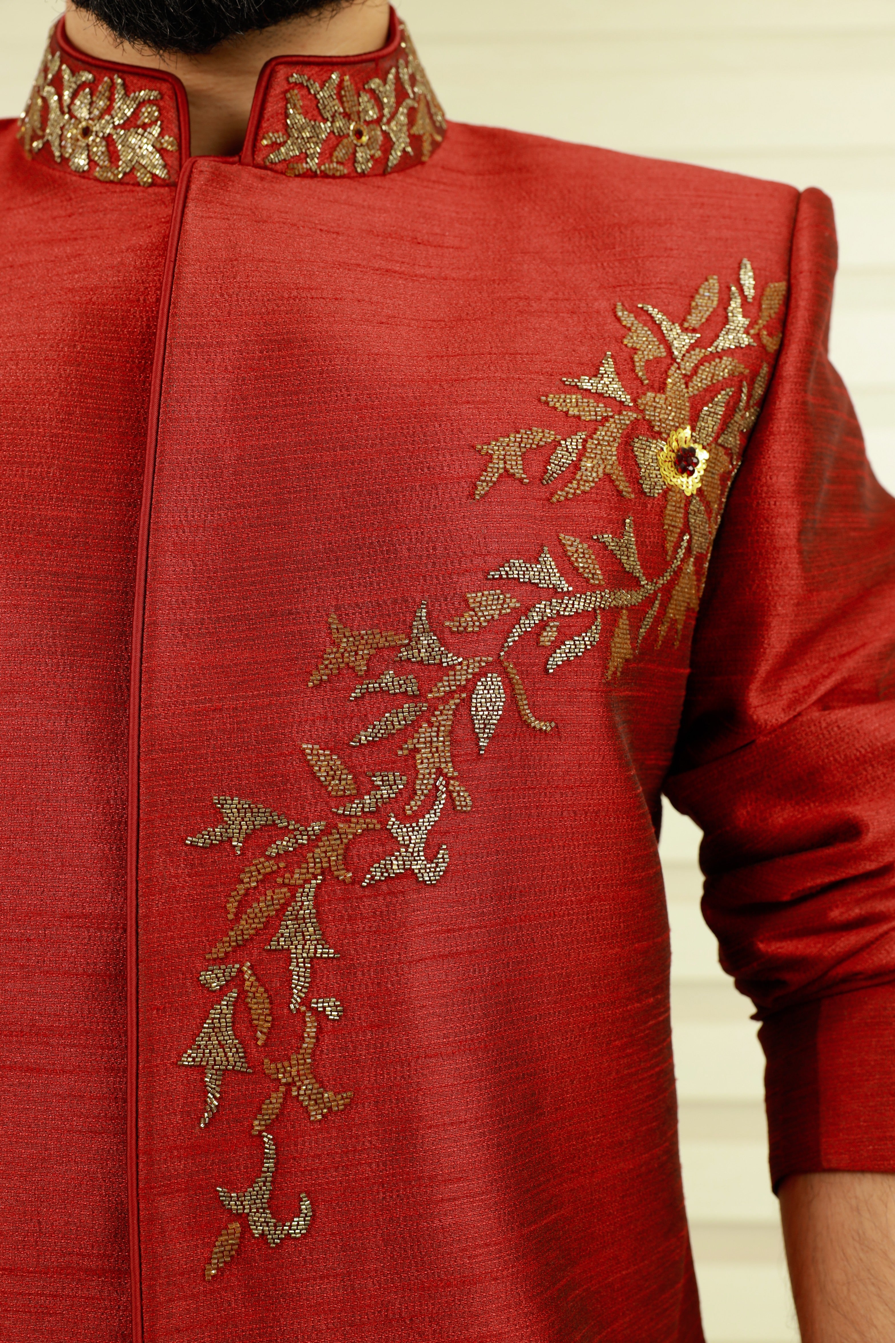 Maroon Red Indo Western Bandhgala Suit with Golden Handwork Detailing  paired Black Narrow Pants