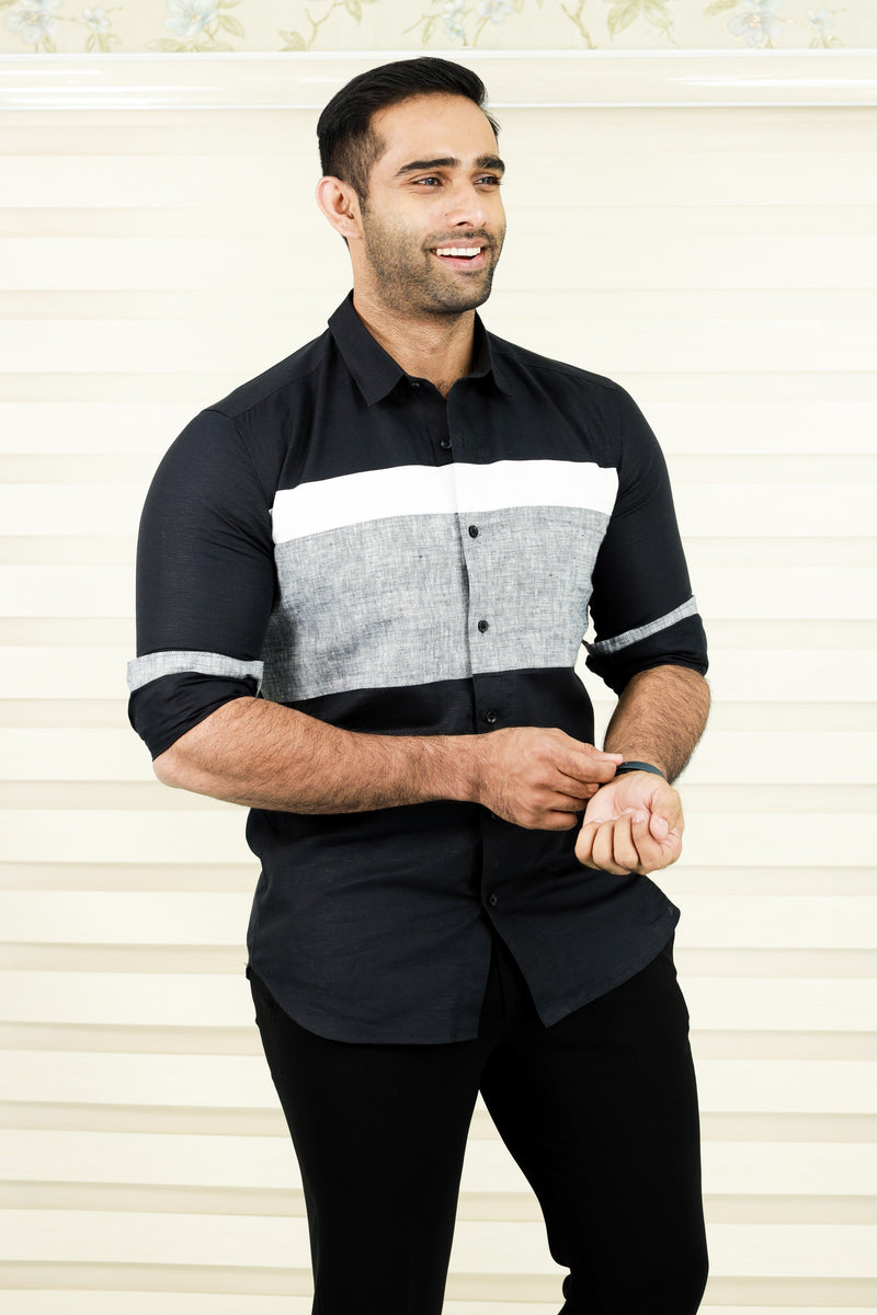 Multi Tone Cutaway Collar Designer Linen Shirt  (Shirt + Black Pants)