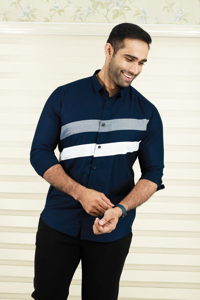 Oxford Blue Cutaway Collar Shirt  with Diagonal Pattern Cut  (Only Shirt)