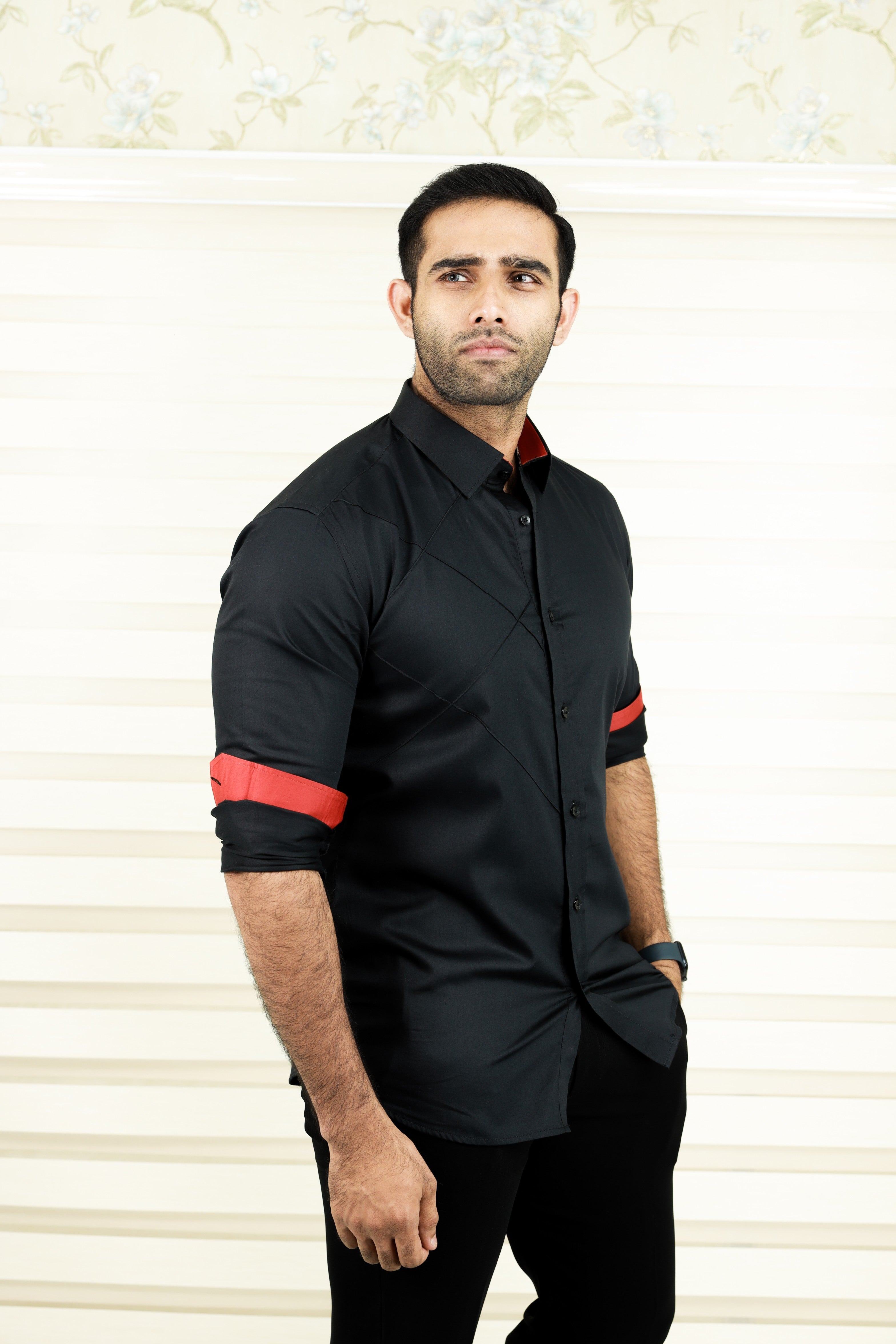 Charcoal Black One Side Tuck Detailed Shirt with Red Contrast on Sleeves