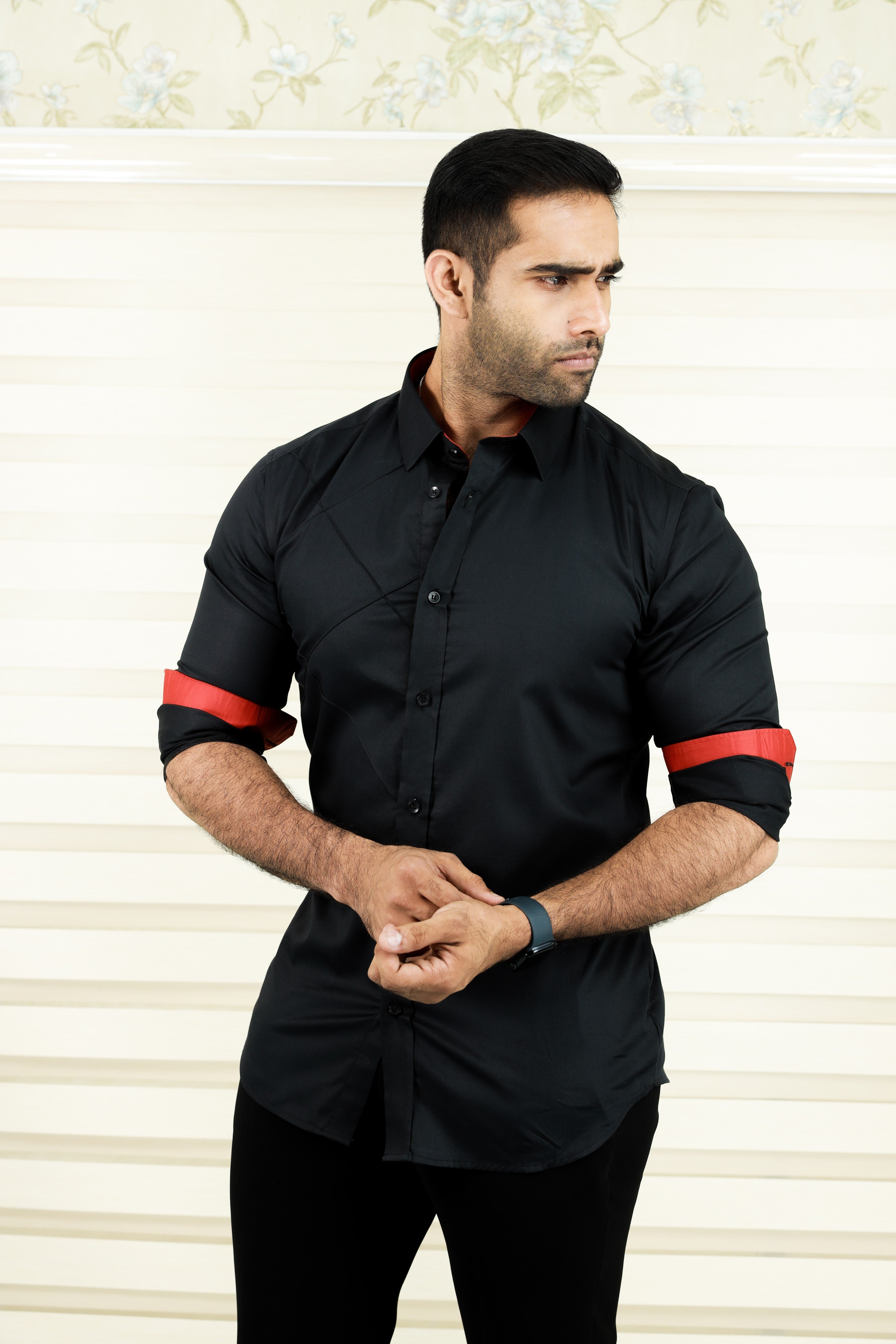 Charcoal Black One Side Tuck Detailed Shirt with Red Contrast on Sleeves