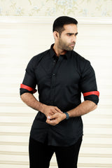 Charcoal Black One Side Tuck Detailed Shirt with Red Contrast on Sleeves (Shirt + Black Pants)
