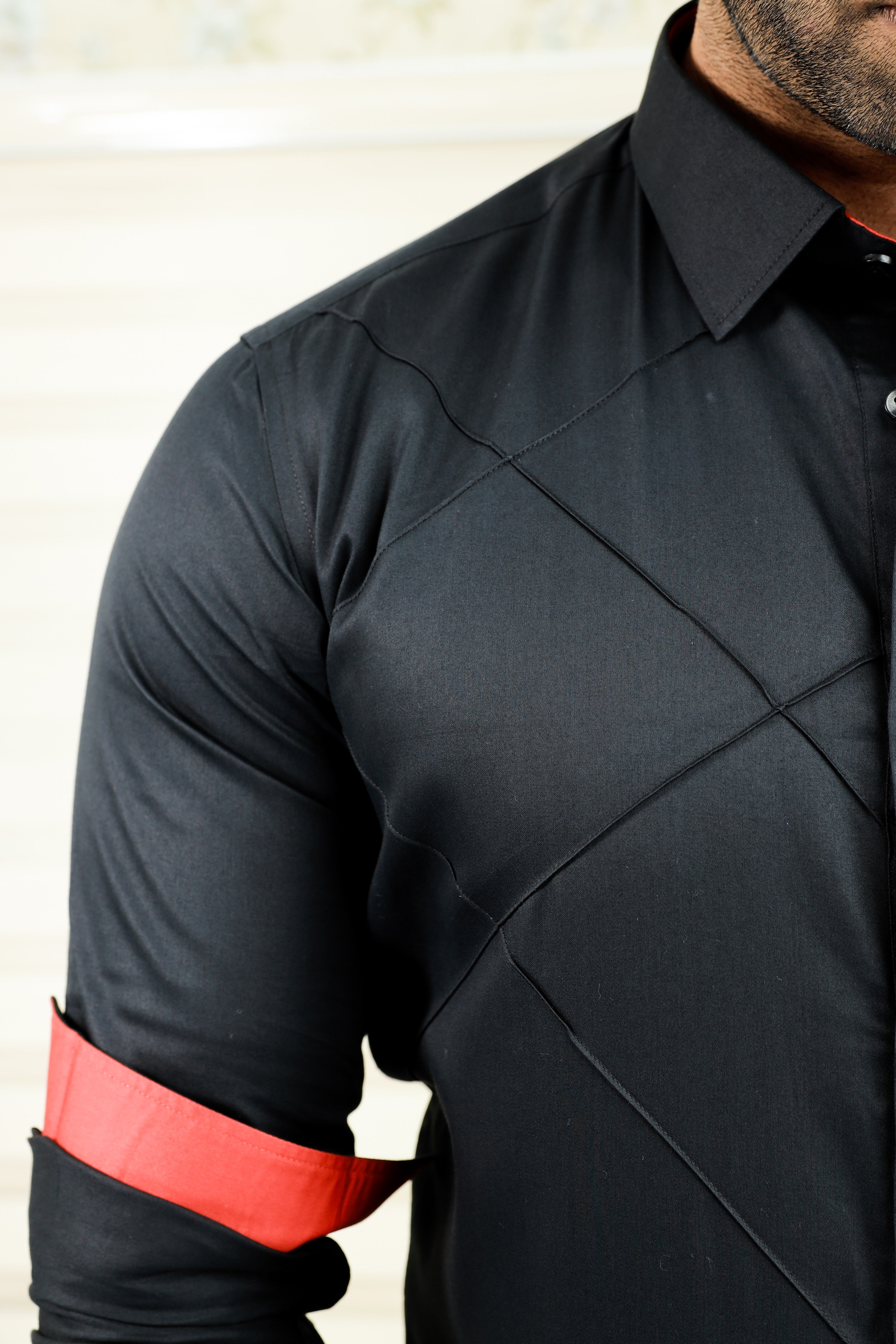 Charcoal Black One Side Tuck Detailed Shirt with Red Contrast on Sleeves