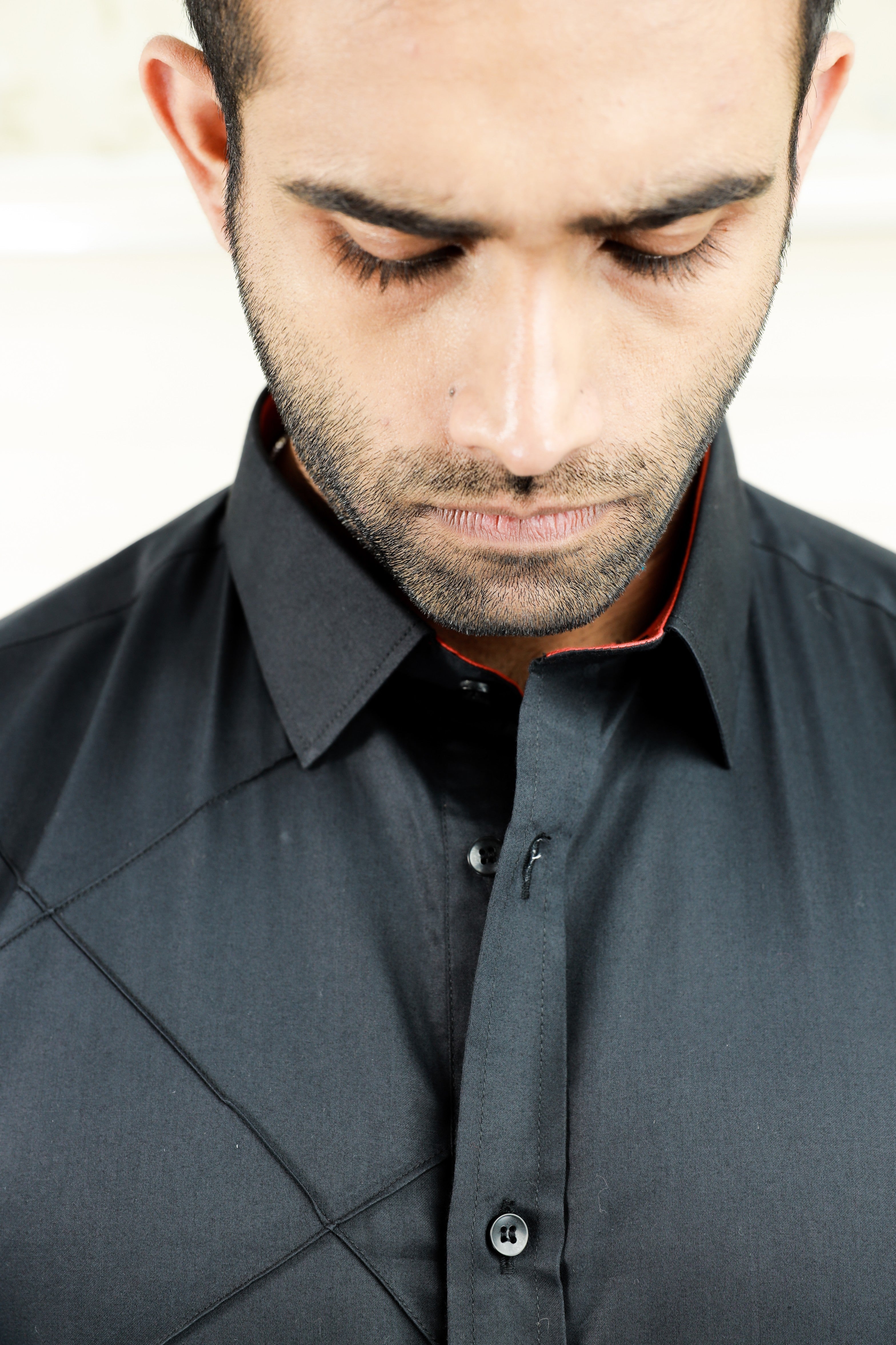 Charcoal Black One Side Tuck Detailed Shirt with Red Contrast on Sleeves