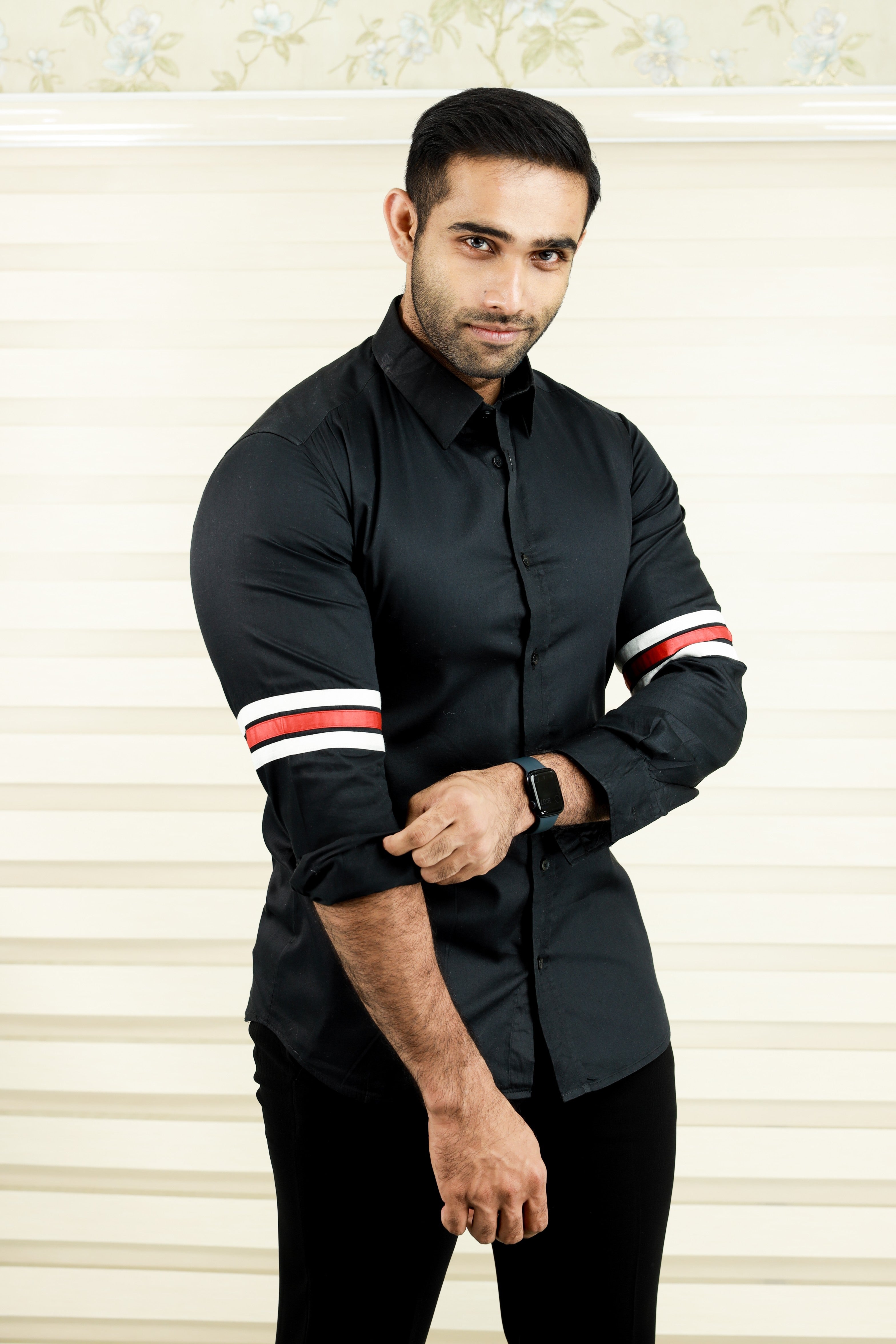 Onyx Black Cutaway Collar Shirt  with Sleeve Detailing in White & Red (Only Shirt)