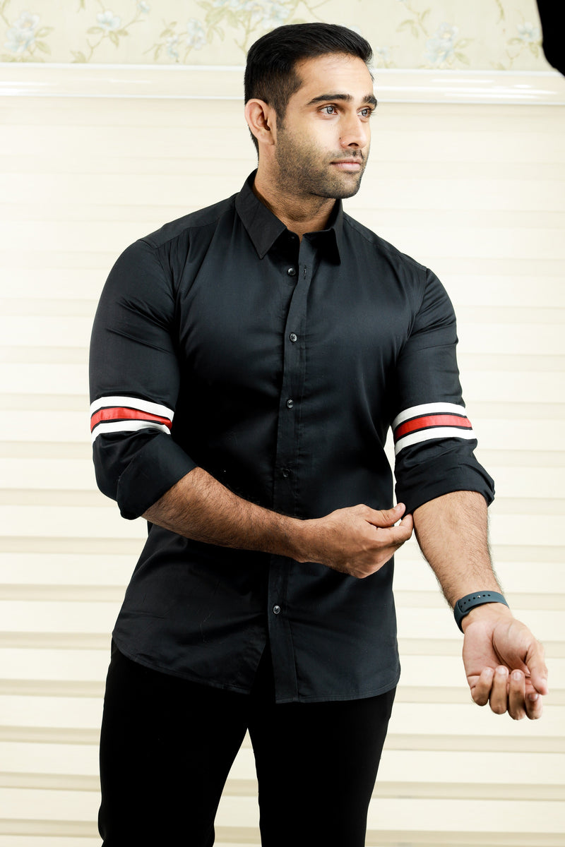 Onyx Black Cutaway Collar Shirt  with Sleeve Detailing in White & Red (Shirt + Black Pants)