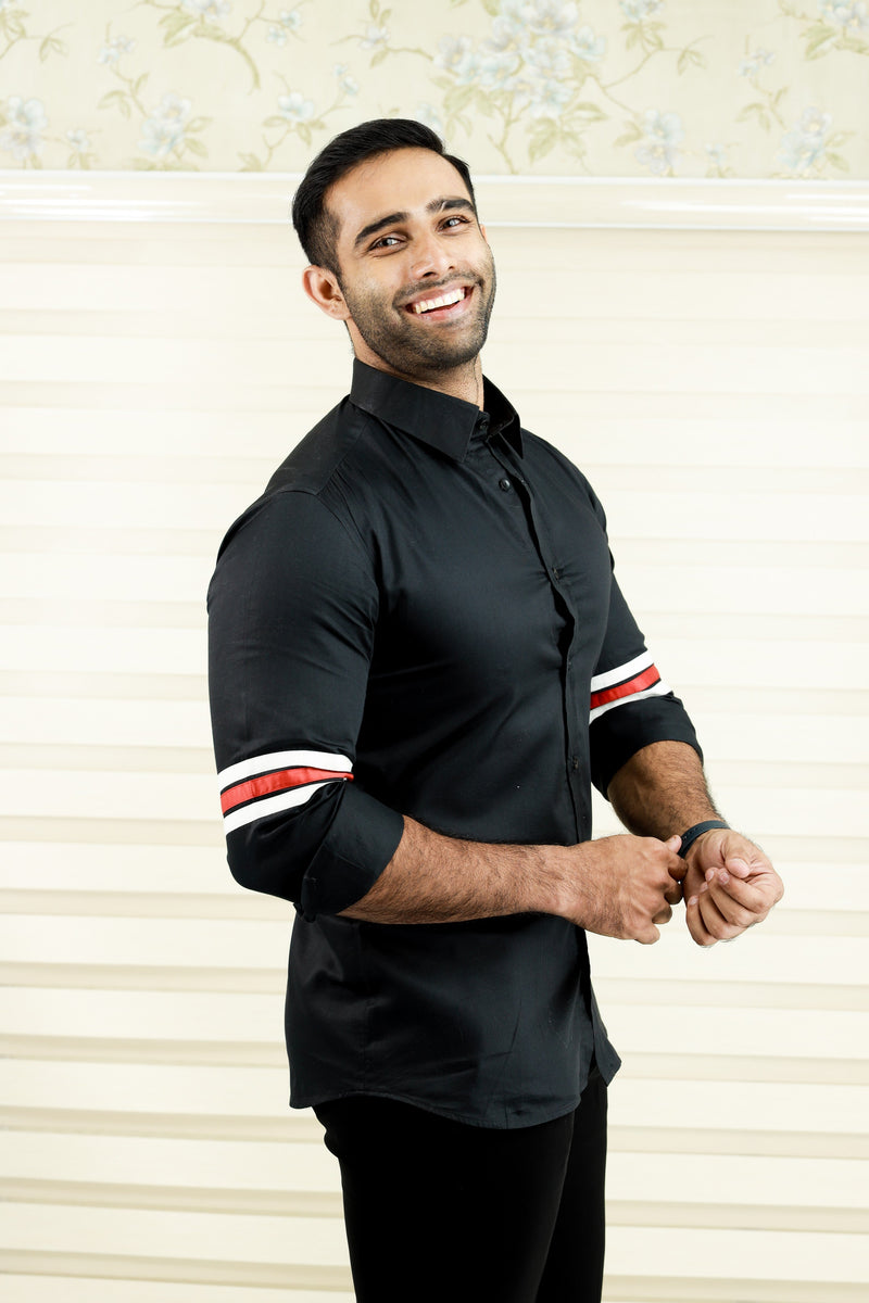 Onyx Black Cutaway Collar Shirt  with Sleeve Detailing in White & Red (Shirt + Black Pants)
